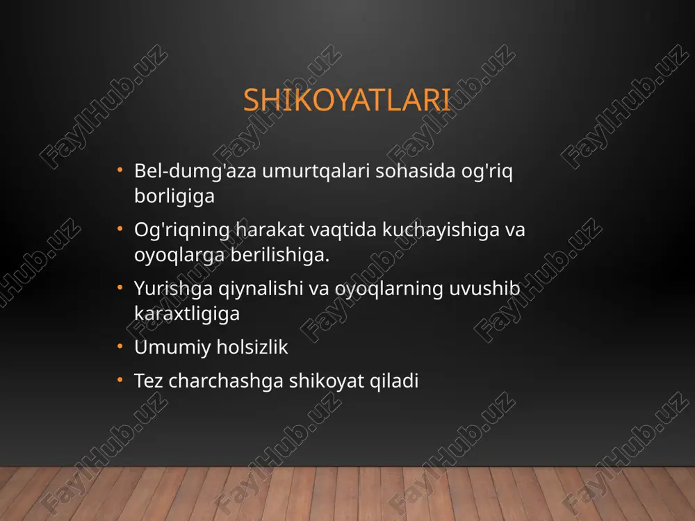 rga aniq va to'g'ri javob beradi. harakatlari aniq, parez, paralichlar yo'q bosh miya nervlari o'zgarishsiz patologik reflekslar aniqlanmadi. dastlabki diagnoz: bel umurtqalari osteo-xondrozi tekshirish rejasi laborator umumiy qon tahlili qon biokimyoviy tahlil siydik tahlili axlat tahlili qon ivish ko'rsatkichi instrumental ko'krak qafasi rentgenografiyasi bel- dumg'aza sohasi mskt ekg, exokg jigar, taloq uttsi nevrolog konsultatsiyasi kursatkichlar natija norma umumiy bilirubin 2,2 1,1-18,8mkmol/l umumiy protein 69,8 65-80g/l alt 39,4 a=do32me/l e=do42me/l ast 32,7 a=do31 e=37 skf 94 80-125 ml kreatinin 88,0 44-106mkmol/l mochevina 9,7 2,8-8,3 mmol/l glyukoza 10,7 4,2-6,4mmol/l triglitserid 3.31 1,17 bioximicheskiy analiz krovi qon taxlil kursatkichlar natija norma glyukoza (tongi) 9,1 mmol/l 4,2-6,4 glyukoza (1 soat) 16,1 mmol/l ≤ 8,2 glyukoza (2 soatdan sung) 18,0 mmol/l ≤ 7,0 siydik tahlili ko'rsatma natija norma miqdori 100ml 100ml rangi somon rangda somon rang tiniqligi tiniq tiniq solishtirma og'irligi 1024 1012-1024 oqsil - - glukoza - - epiteliy 2-4 2-5 eritrosit - - …