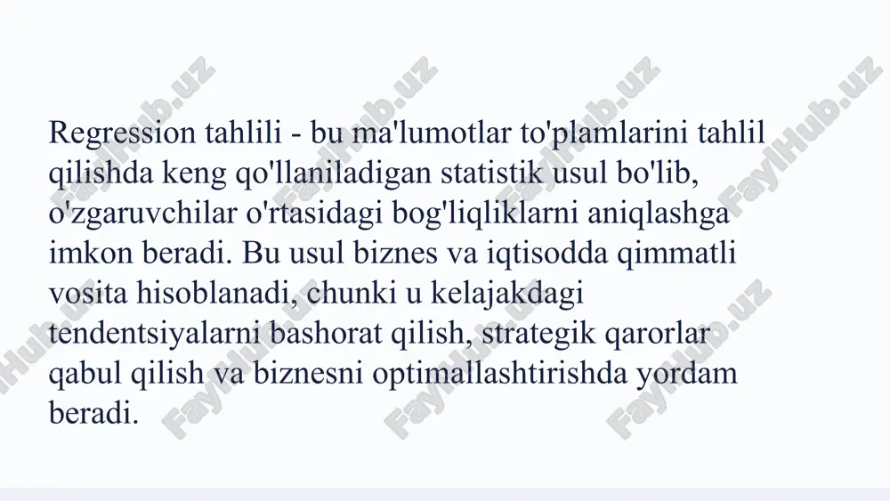 avflarni baholash, investitsiya qilish qarorlarini qabul qilish va biznesning moliyaviy holatini optimallashtirishda muhim rol o'ynaydi. 1.7.2013 6 ‹#› regression tahlilining tijorat faoliyatidagi ahamiyati 1 ma'lumotlardan foydalanish ma'lumotlarni tahlil qilish va tushunish orqali biznes qarorlarini qabul qilish samaradorligini oshirish. 2 bashorat qilish kelajakdagi natijalarni aniqlash va biznes strategiyasini rejalashtirish. 3 optimallashtirish resurslarni optimallashtirish va biznes samaradorligini oshirish. 4 raqobatbardoshlik bozorda raqobatbardoshlikni oshirish va biznesning o'sishini ta'minlash. regression tahlili: ishlab chiqarish va operatsion faoliyat 1 ishlab chiqarish jarayonlarini optimallashtirish regression tahlili ishlab chiqarish jarayonlarini optimallashtirishda yordam beradi, masalan, ishlab chiqarish xarajatlarini kamaytirish, ishlab chiqarish samaradorligini oshirish va mahsulot sifatini yaxshilash. 2 resurslarni rejalashtirish resurslarni rejalashtirishda regression tahlili yordam beradi, masalan, xom ashyo ehtiyojini aniqlash, ishchi kuchi resurslarini optimallashtirish va ishlab chiqarishni jadvallashtirish. 3 operatsion xarajatlarni boshqarish regression tahlili operatsion xarajatlarni boshqarishda yordam beradi, masalan, energiya sarfini kamaytirish, xizmatlarni optimallashtirish va ishlab chiqarish xarajatlarini kamaytirish. 1.7.2013 7 ‹#› regression tahlili: qiyinchiliklar va cheklovlar …