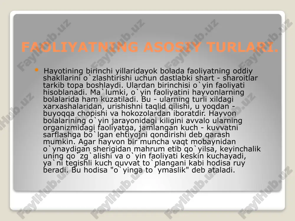 akllanish va rivojlanish negizi, uning mohiyat manbai bo‘lib xizmat qiladi. har qanday faoliyat real shart-sharoitlarda, turli usullarda va turli-cha ko‘rinishlarda namoyon bo‘ladi. qilinayotgan har bir harakat ma’lum predmetga qaratilgani uchun ham, faoliyat predmetli harakatlar majmui sifatida tasavvur qilinadi. predmetli harakatlar tashqi olamdagi predmetlar xususiyatlari va sifatini o‘zgartirishga qaratilgan bo‘ladi. masalan, ma’ruzani konspekt qilayotgan tinglovchining predmetli harakati yozuvga qaratilgan bo‘lib, u avvalo o‘sha daftardagi yozuvlar soni va sifatida o‘zgarishlar qilish orqali bilimlar zaxirasini boyitayotgan bo‘ladi. faoliyatning va uni tashkil etuvchi predmetli harakatlarning aynan nimalarga yo‘naltirilganligiga qarab, tashqi va ichki faoliyat farqlana-di. tashqi faoliyat shaxsni o‘rab turgan tashqi muhit va undagi narsahodisalarni o‘zgartirishga qaratilgan faoliyat bo‘lsa, ichki faoliyat, birinchi navbatda, aqliy faoliyat bo‘lib, u sof psixologik jarayonlarning kechishidan kelib chiqadi. dastlab predmetli tashqi faoliyat ro‘y beradi, tajriba orttirilib borgan sari, sekin-asta bu harakatlar ichki aqliy jarayonlarga aylanib boradi. buni nutq faoliyati misolida oladigan bo‘lsak, bola dastlabki so‘zlarni qattiq tovush bilan tashqi nutqida …