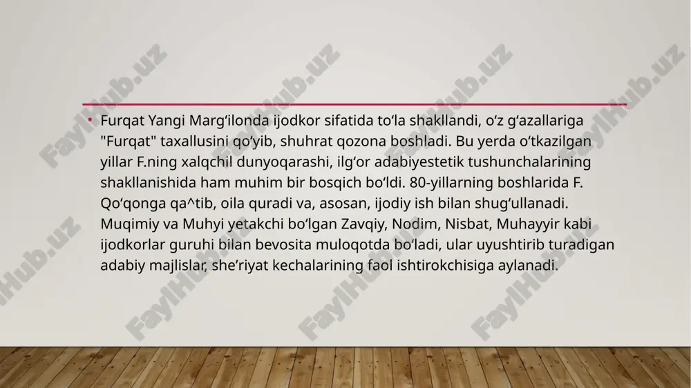 kulfatni dono tortadur"kabi barkamol misralar shoir ijodidagi ijtimoiy yoʻnalishni aks ettiradi. "bormasmiz" radifli sheʼrida esa oʻzbek milliy ruhiyati badiiy ifodalangan. mashhur "sayding qoʻyaber, sayyod..." musaddasida esa shoir shaxsning erkin yashash huquqini himoya qiladi, zulm va istibdodni qatʼiy qoralaydi. furqat taxminan 1886—87 yillarda margʻilonga borib, u yerdagi masjidi jome hujrasida istiqomat qilgan, yoru birodarlari koʻmagida kichik doʻkon ochgan boʻlsada, asosan, sheʼriyat bilan shugʻullangan, shaharning ziyolilari, jumladan, xoʻjajon rojiy, muhammad umar ulshdmyhavoiy, mulla toshboltu royiq kabi ijodkorlar bilan tanishib, adabiy suhbatlar qurgan. f. ilk bor gaz. bilan tanishib, uning "toshkent shahrida bosma boʻlgʻon"ligini shu yerda biladi. yangilikka chanqoq, taraqqiyparvar shoirda ijtimoiy hayotda yuz bergan oʻzgarishlarga, sekinasta yoyila borayotgan fan va texnika namunalariga qiziqish uygʻonadi, yangiliklar bilan bevosita tanishish, oʻz koʻzi bilan koʻrish ishtiyoqi zoʻrayadi. 1889 yil boshlarida toshkent safariga chiqadi, xoʻjandda toʻxtab, toshxoʻja asiriy boshliq shoirlar, adabiyot muxlislari bilan uchrashadi, adabiy kechalarda ishtirok etadi. nihoyat, 1889 yilning iyunida toshkentga keladi. toshkentdagi koʻkaldosh …