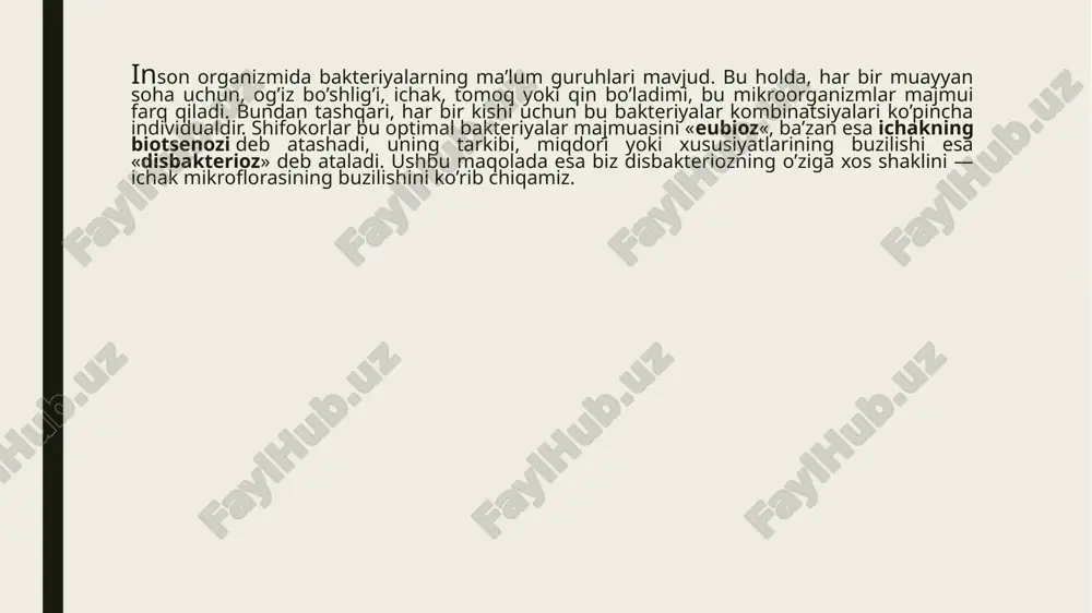 shi bilan kechadigan ichak disbakteriozini «yumshoq» oziq-ovqat mahsulotlariga asoslangan parhez bilan tuzatish kerak. ratsiondagi ovqat issiq yoki sovuq bo’lmasligi kerak, oziq-ovqat qaynatilgan va imkon qadar ezilgan bo’lishi kerak. agar disbakterioz qabziyat bilan namoyon bo’lsa, ratsionga ko’proq kletchatkaga boy mahsulotlarni kiritsh kerak: olma, karam, sabzi, o’rik. ichak disbakteriozida prebiotik va probiotiklar disbakteriozni davolashda shuningdek prebiotik va probiotik preparatlar qo’llaniladi, va aytishlariga qaraganda, ular ichak mikroflorasi buzilgan hollarda samarali yordam bermoqda. nomlanishi o’xshashligiga qaramasdan, prebiotiklar va probiotiklar tubdan farq qiluvchi preparatlar bo’lib, ularning ta’rifini batafsilroq tushunish maqsadga muvofiqdir. prebiotiklar — bu mavjud bo’lgan foydali mikrofloraning o’sishi va faoliyatiga ijobiy ta’sir ko’rsatadigan moddalardir. prebiotiklar oshqozon-ichak tizimida hazm qilinmaydi, oddiy qilib aytadigan bo’lsak, prebiotiklar bu foydali mikroflora uchun oziq-ovqat hisoblanadi. prebiotiklarning farmakologik shakllari orasida ko’pincha laktuloza, laktitol, hilak forte buyuriladi. bu dorilarning asosiy nomlari bo’lib, ularning o’nlab savdo nomlari mavjud. bundan tashqari, prebiotik bo’lgan tabiiy mahsulotlar ham mavjud. ular orasida sut mahsulotlari, piyoz va …