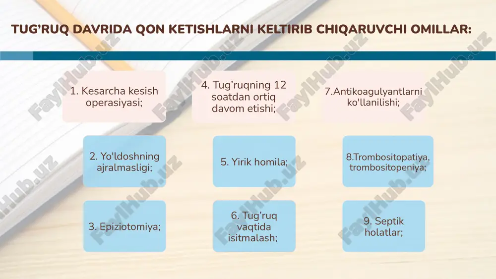 ipoksiyasi oldi olinadi. tug'ruqni olib borish usulini to'g'ri tanlash uchun platsenta oldinda kelishi va uning formasi aniqdiagnozi katta ahamiyatga ega. to'liq yoki markaziy joylashganda tug'ruq faqat kesarcha kesish orqali bajariladi (mutloq ko'rsatma). tug'ruq yullari tug'ruqqa tayyor bo'lmasa, platsenta qisman oldinda joylashgan bo'lsa va qon ketish intensiv bo'lsa ham tug'ruq jarrohlik usuli bilan olib boriladi. tug'ruq faoliyatlari mavjud bo'lganda, bachadon bo'g'zi ochilgan bo'lsa platsenta qisman oldinda joylashgan bo'lsa amniotomiya qilinadi. homila pardasi yorilishi platsentaning keyingi ko'chishini oldini oladi homila boshining kichik chanoq bo'shlig'iga tushishiga yordam beradi va bu ko'chgan platsentani siqib qo'yib qon ketishini to'xtatadi tabiiy tug'ruq yo'llari orqali tug'ruq sodir bo'lganda bachadon bo'shlig'ini qo'l bilan tekshirib ko'rish kerak , gipotonik qon ketish oldini olish kerak. rejali kesarcha kesish homila vazni 2500g dan kam bo'lmaganda va homiladorlik muddati 37 haftadan kam bo'lmaganda bajariladi. agar qon ketish ayol uchun xavf tug'dirsa homila o'chamlari va gestatsion yoshga qaramasdan shoshilinch kesar kesish bajariladi. asoratlari …