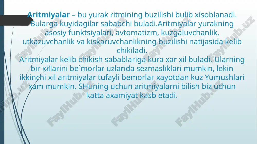 ardiyasi fiziologik va patologik buladi. fiziologik sinus taxikardiyasi ovkatlanishdan keyin, jismoniy zurikishda, tananing kizib ketishida, kofe, achchik choy ichgandan keyin, xayajonlanganda, atropin kabul kilganda paydo buladi. patologik sinus taxikardiyasi yurak etishmovchiligida, miokarditlarda, yurak illatlarida, tireotoksikozda, miokard infarktida, lixoradka xolatida, intoksikatsiyalarda paydo buladi. bemorlarning kupincha shikoyatlari bulmaydi, goxida yurak urib ketishlari bezovta kilishi mumkin. kuruvda bemorlarning yuzi biroz kizargan, pul`slar soni 90-180 ta atrofida. auskul`tatsiyada yurak tonlari biroz kuchaygan. ekgda asosan 2 xil uzgarishlar kuzatiladi. sinus ritmi saklanganligi, ya`ni r tishcha korinchalar kompleksining oldida keladi va musbat buladi r-r masofa kiskarib yurak urishlari soni 90-180 ta atrofida buladi. sinus bradikardiyasi. sinus bradikardiyasi deb sinus ritmi saklangan xolda yurak kiskarishlari sonining 40-59 martagacha kamayishiga aytiladi. sinus bradikardiyasi xam sinus taxikardiyasi singari fiziologik va patologik bulishi mumkin. fiziologik sinus bradikardiyasi jismoniy mexnat va sport bilan shugullanuvchi odamlarda xamda uyku paytida kuzatilishi mumkin. patologik sinus bradikardiyasi adashgan nerv ta`sirlanishiga olib keluvchi kasalliklarda yuzaga keladi. …