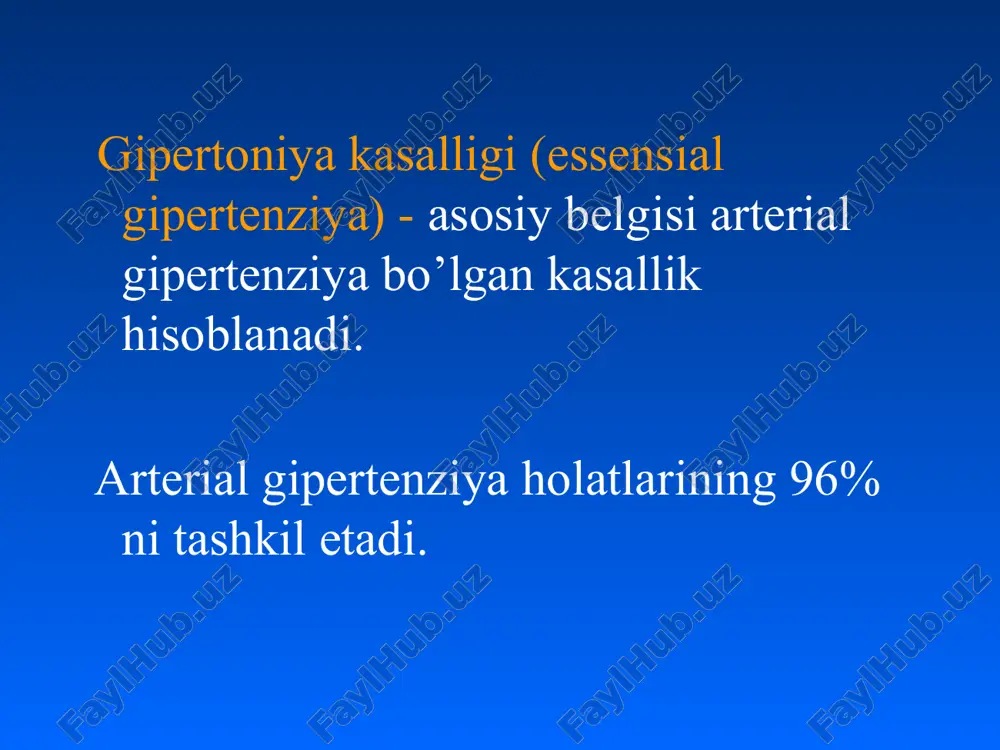oliguriya, nikturiya ag bilan og'rigan bemorlarni fizikal tekshiruvi simpatikotoniya: muchchalarning sovuqligi, rangi oqarishi, terlash, yuz va bo’yin giperemiyasi, qo'llarning titrashi giperkinetik sindrom: taxikardiya, periferik arteriyalar pulsatsiyasining kuchayishi ag sindromi: cho’qqi turtkisining kuchayishi, ii tonning aorta ustida kuchayishi. psixosomatik buzilishlar: hissiy beqarorlik, asabiylashish, ko'z yoshlari xoni aniqlash: semirish, ateroskleroz belgilari naz belgilari: yurak chegaralarining chapga kengayishi, syuye belgilarini aniqlash gipertoniya kasalligida tekshiruv usullari umumiy qon tahlili siydikni umumiy tahlil qilish biokimyoviy qon tekshiruvi (kaliy, natriy, kreatinin, mochevina, kft, glyukoza, umumiy xolesterin, zplp va zylp, triglitseridlar, siydik kislotasi) ekg 12 tarmoqda ko’z tubi tomirlarini tekshirish (oftalmolog) echokg yurak devorining gipertrofiyasi va kengayishini baholash uchun buyraklarni ultratovush tekshiruvi chap qorincha gipertrofiyasi ko’z tubi: oftalmoskopiya retinopatiya 1 bosqich - arteriolalarning torayishi retinopatiya 2 bosqich - arteriovenoz kesishning alomati retinopatiya 3 bosqich – ko’z tubiga qon quyilishi, mikroanevrizmalar, qattiq ekssudatlar, yumshoq yoki "paxta" ekssudatlari retinopatiya 4 bosqich - iii darajali alomatlar va ko’ruv nervi diskining …