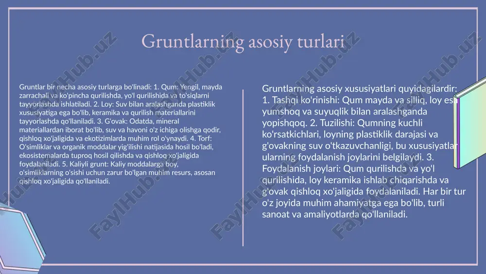 ga yordam beradi. masalan, dunyodagi qishloq xo'jalik ekinlarining 80% dan ortig'i tuproqqa bog'liq bo'lib, bu uning biologik xilma-xillikni saqlashdagi ahamiyatini ko'rsatadi. gruntlar iqlim o'zgarishiga ta'sir ko'rsatadi, chunki ular karbonat angidridni qabul qilib, atmosferadagi gazlarning miqdorini muvozanatlashtirishda yordam beradi. shuningdek, gruntlar suv resurslari bilan bog'liq bo'lib, ular suvni saqlash va uning sifatini yaxshilashda muhim ahamiyatga ega. misol uchun, yaxshi boshqarilayotgan tuproqlar suvning 50% gacha yo'qolishini oldini olishi mumkin. biologik xilma-xillikni saqlash iqlim o'zgarishi va suv resurslari ifloslanishni kamaytirish usullari ifloslanishning keng tarqalishi yangi eksperimental texnologiyalar gruntlarning yo'qolishi xavfi gruntlarni himoya qilish usullari samarali bo'lishi mumkin. bular orasida biologik tozalash va ekotizimlarni tiklash usullari muhim ahamiyatga ega, chunki ular tabiiy jarayonlarga asoslanadi. gruntlar ko'pincha sanoat chiqindilari va pestitsidlar bilan ifloslanadi. bu holat, ayniqsa, rivojlanayotgan mamlakatlarda qishloq xo'jaligi va sanoat faoliyati natijasida keng tarqalgan. yangi eksperimental texnologiyalar, masalan, bioengineering va ekologik innovatsiyalar, gruntlarni ifloslanishdan saqlashda katta imkoniyatlarni taqdim etadi. ular yordamida tabiiy resurslarni …