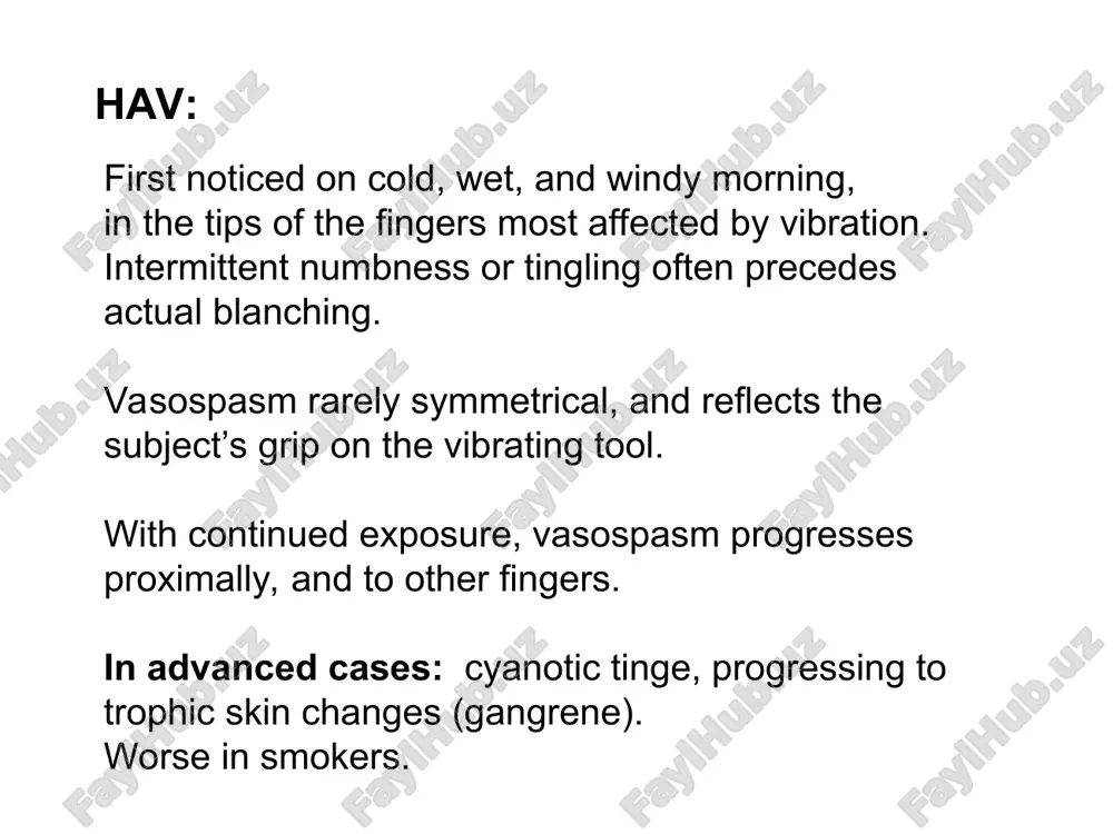 mptoms stage the stockholm workshop scale for the classification of cold-induced raynaud’s phenomenon in the hand-arm vibration syndrome the staging is made separately for each hand. in the evaluation of the subject, the grade of the disorder is indicated by the stages of both hands and the number of affected fingers on each hand; example “2l(2) / 1r(1)”, “- / 3r(4)”, etc. as in stage 3, with trophic skin changes in the finger tips. very severe 4 frequent attacks affecting all phalanges of the most fingers. severe 3 occasional attacks affecting distal and middle (rarely also proximal) phalanges of one or more fingers. moderate 2 occasional attacks affecting only the tips of one or more fingers mild 1 no attacks. 0 description grade stage management: smoking cessation; decrease or avoid exposure to vibration; hold tools as lightly as possible, to decrease vibration transmission; decrease vibration at source (anti vibration tools …