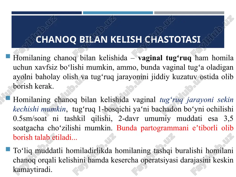 ʻlgan kasalxonada, malakali akusher-ginekolog tomonidan amalga oshirilishi zarur. belgilangan shartlar mavjud boʻlmasa bola boshini aylantirish amalga oshirilmasligi kerak. homila boshini tashqi aylantirishga qarshi koʻrsatma: - antenatal qon ketishlar membranalar (amnion parda) yorilishi - koʻp homiladorlilik - hayotga mos kelmaydigan homila patologiyasi - keserva uchun koʻrsatma mavjudligida preeklamsiya yoki ogʻir gipertenziya - bachadon anomaliyalari - homila kindikchasi boʻyinchasini oʻraganda - kardiotokografiyaning patologik koʻrsatkichlari # homila boshi bilan kelishi uchun tashqi burishning ona uchun xavfli oqibatlari, odatda, kam boʻladi. # kechki muddatlarda bosh tomonini tashqariga burish malakali xodim tomonidan bajarilsa va asoratlar yuzaga kelganda shoshilinch ochib kirish (operatsiya) imkoniyati boʻlgan muassasalarda amalga oshirilsa, homila uchun xavf uncha katta boʻlmaydi. bosh tomonini tashqariga burishni oʻtkazishdan avval: - bemorga jarayonni tushuntirib, undan ruxsat olish kerak; - qorinni palpatsiya qilish kerak; - qon guruhi hamda rezus omilni aniqlash kerak; - onaning qon bosimini hamda pulsini oʻlchash kerak; - homilada kardiotokografiya (ktg) oʻtkazish kerak (imkoniyat boʻlmasa, …