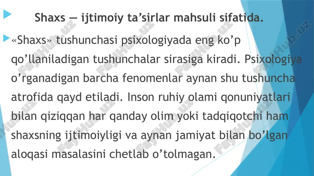 aoliyatning subyekti bo’lmish individdir. shaxsga taaluqli bo’lgan eng muhim tasnif ham uning jamiyatdagi murakkab ijtimoiy munosabatlarga bevosita aloqadorlik, ijtimoiy faoliyatga nisbatan ham obyekt, ham subyekt bo’lishlikdir. ijtimoiy normalar, sanksiyalar va shaxs.ijtimoiy norma — shaxs hayotida shunday kategoriyaki, u jamiyatning o’z a’zolari xulq-atvoriga nisbatan ishlab chiqqan va ko’pchilik tomonidan e’tirof etilgan xarakatlar talablaridir masalan, o’zbeklar uchun biror xonaga kirib kelgan insonning kim bo’lishidan qat’iy nazar, «assalomu alaykum» deb kelishi — norma; o’quvchining o’qituvchi bergan topshiriqlarni bajarishi lozimligi — norma; xotinning er hurmatini o’rniga qo’yishi, qaynonaga gap qaytarmaslik — norma; avtobusda yoki boshqa jamoat transportida kichikning kattalarga, nogironlarga o’rin bo’shatishi — norma va hokazo. bu normalarni ayrim-alohida odam ishlab chiqmaydi, ular bir kun yoki bir vaziyatda ham ishlab chiqilmaydi. har bir alohida shaxs jamiyat tomonidan ishlab chiqilgan va qabul qilingan ijtimoiy normalar va sanksiyalarni u yoki bu ijtimoiy rollarni bajarishi mobaynida xulqida namoyon etadi. rol — shaxsga nisbatan shunday tushunchaki, uning konkret …