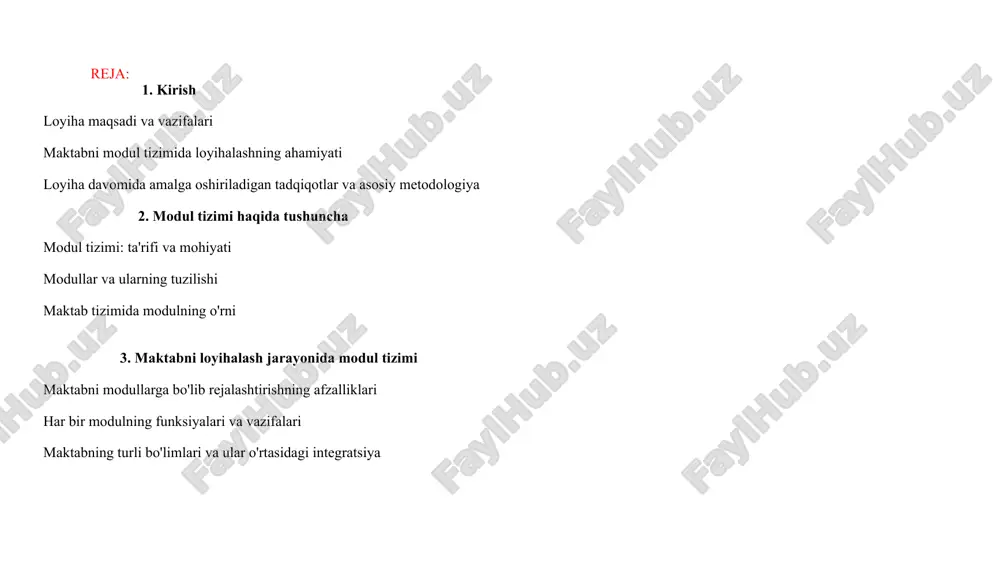 ijodkorlikda ko'proq erkinlik beradi. shu bilan birga, maktab binosining energiya samaradorligi, ekologik barqarorlik va arxitekturaviy dizayn ham muhim omil bo'ladi. modul tizimi: ta'rifi va mohiyati modul tizimi — bu yirik tizim yoki strukturaning kichik, mustaqil va o'zaro bog'liq qismlarga bo'linishi. har bir modul alohida ishlay olish imkoniyatiga ega bo'lib, o'z ichida aniq funktsiyalarni bajaradi, ammo ular o'rtasida muvofiqlik va integratsiya talab etiladi. bu tizimning asosiy afzalligi shundaki, modullar bir-biridan mustaqil bo'lishi mumkin, lekin birgalikda ishlashda tizimning samaradorligini oshiradi. modul tizimi, nafaqat qurilish sohasida, balki ta'limda ham qo'llaniladi. maktabni modul tizimida loyihalashda har bir modul o'zining maqsadiga xizmat qiladi, masalan, sinf xonalari, laboratoriyalar, sport zallari va kutubxonalar alohida modullar sifatida tashkil qilinadi. bu tizim yordamida o'quvchilar va o'qituvchilar uchun qulay va moslashuvchan maktab muhitini yaratish mumkin. modullar va ularning tuzilishi modul tizimi asosan quyidagi komponentalardan iborat bo'ladi: 1. ta'lim modullari: maktabda o'quvchilarga ta'lim beriladigan joylar, masalan, sinf xonalari, laboratoriyalar, kompyuter xonalari, …