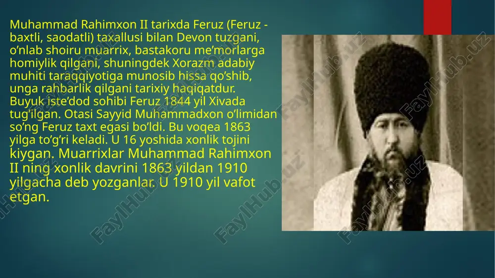 n feruzni shohi risolat. muhammad rahimxon madrasasi — xivadagi meʼmoriy yodgorlik (1871). muhammad rahim ii (feruz) qurdirgan. koʻhna arkning sharqiy darvozasi qarshisida joylashgan. m.muhammad rahimxon madrasasi masjid, ayvon, darsxona, kutubxona va hujralardan iborat. madrasaning old tomoni 2 qavatli, qolgan tomonlari bir qavatli. burchaklariga guldastalar ishlangan. xiva meʼmorligiga xos uslubda peshtokli koshinkori naqshlar bilan bezatilgan. sirli gʻishtlar "qoʻsh" va "bantak" uslubida terilgan. peshtoqining ikki qanotida 2 qavatli oldi chuqur ravoqli 5 ta hujraga ganchkori panjaralar oʻrnatilgan. bosh tarzidagi miyonsaroy 9 ta gumbazli xonadan iborat. masjid va darsxona hujralar bilan oʻzaro bogʻlangan. hovli murabba tarhli, uch tomoni 76 ta hujra bilan oʻralgan. janubida gumbazli ayvon va boshqa qoʻshimcha xonalar bor. keyinroq, madrasaning old tomoniga bir qavatli savdo rastalari qatoridan iborat hovli qurilgan. m.muhammad rahimxon madrasasining umumiy tuzilishi va ichki tarhi anʼanaviy xiva madrasalari meʼmorligidan bir oz farq qiladi. e’tiboringiz uchun rahmat image6.png image7.png image8.png image9.png image10.png image2.png image3.png image4.png image5.png /docprops/thumbnail.jpeg