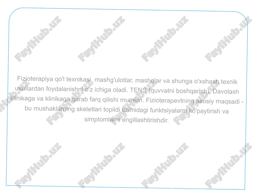 apparatlar ishlatiladi: ulaiser- ukrainada ishlab chiqarilgan nebulayzer apparatlari, ingalyatsiya qilish uchun ishlatiladi. btl-4000 smart – elektrouyqu uchun qo'llaniladi – 1ta vtl-6000 shortwave-diatermiya apparati uvch, ikv sollyuks lampasi darsonval apparati marjonli vanna suv muolajalarini o'tkazish uchun mo'ljallangan btl-5920 magnit maydon bilan davolash uchun qo'llaniladigan apparat btl-5818 slm bu apparat tok, magnit, lazer, utbilan davolash uchun qo'llaniladigan ko'p funktsiyaga ega bo'lgan portativ apparat xisoblanadi ultrabinafsha nur tarqatuvchi apparat (ufo) btl-5000 series- magnit maydon bilan davolash uchun qo'llaniladigan apparat bolalarni reabilitatsiya qilishda massaj keng qo'llaniladi (segmentli, nuqtali, vibratsion). mukovistsidoz bilan kasallangan bolalarga etapli alohida spetsifik massaj o'tkaziladi. massaj xonalarida zamonaviy uqalash uchun stollar mavjud, ular bolalarni erkin uqalashda va uqalashdan so'ng bo'g'inlarni xarakatlantirishda spetsifik mashqlar bajarishga qulay. davolash gimnastikasida xar bir kasalliklar uchun individual mashqlar tanlab olinadi. mashg'ulotlar passiv davo gimnastikasi, guruxli davolash gimnastikasi alohida zalda va trenajerlarda o'tkaziladi. bolalar organizmiga zamonaviy, adekvat ta'sir ko'rsatayotgan metodikalar quyidagi a'zo kasalliklarini davolashda keng qo'llanilayapdi: – …