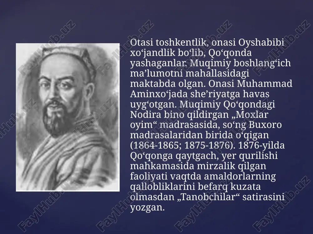 ron qildi loy“, „pash-shalar“, „shikoyati bezak“ va boshqalar). boshqa bir qator hajviyalarida jamiyat hayotidagi oʻzgarishlarga yangicha munosabat aks etgan („taʼrifi pech“, „aroba qursin“, „loy“ va boshqalar). muqimiy oʻzbek adabiyotiga ishchilar mavzusini olib kirdi, tiplar galereyasini yaratdi („maskovchi boy taʼrifida“, „voqeai viktor“ va boshqalar). turli shahar va qishloqlarga qilgan sayohatlari taassurotlari asosida 4 qismli „sayohatnoma“ asarini yozdi. asar yengil, oʻynoqi vaznda yozilgan, 4 misrali bandlardan tashkil topgan. unda xalq turmushining ogʻirligi, qishloqlarning vayronaligi realistik tasvirlangan. shoir yaxshilikni maʼqullab, goʻzallikni madh etgan, kamchiliklar ustidan kulib, tanbeh bergan, yovuzlikni, turli illatlarni tanqid qilgan. muqimiyning nasr va nazmdagi maktublari epistolyar adabiyot namunasi hisoblanadi. 10 sheʼriy, 20 ga yaqin nasriy maktublari saqlangan. sheʼrlari qoʻlyozmalar, bayozlar, 20-asr boshlarida litografiyada nashr qilingan kitoblar, toshkent va peterburgda bosilgan vaqtli matbuot sahifalarida bizgacha yetib kelgan. muqimiy ijodini oʻrganish, asarlarini toʻplash va nashr ettirish u hayot davridayoq boshlangan. dastlab ostroumov „devoni muqimiy“ toʻplamini (t., 1907) nashr qilgan, soʻng 1910—1912-yillarda „devoni …