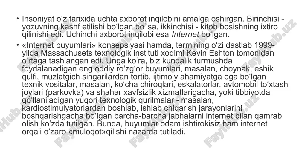 . energiya tejamkorligi borasida ham buyumlar interneti yaxshi samara berishi mumkin. masalan, siz xonada bo‘lgan paytingizda, konditsioner sensori sizning borligingizni o‘zi sezib, o‘zi ishga tushadi va sovita boshlaydi. isitish va yoritish tizimini ham shunday sozlash mumkin. biz yuqorida aytgan jarayon, ya'ni, buyumlar internetini xonadonda qo‘llash hozirda «aqlli uy» deb nomlanadigan tushuncha ostiga birlashtirilgan. bu jarayonning nisbatan yirikroq va muhimroq ko‘rinishi «aqlli shahar»konsepsiyasida namoyon bo‘lishi mumkin. masalan, bunda shaharning ijtimoiy ahamiyatga ega muhim qismlari « transport vositalari, svetoforlar, xavfsizlik tizimlari va hokazolarning texnik vositalarini ham buyumlar internetiga ulash mumkin. masalan, svetoforlar va avtomobilingiz internet orqali muloqot qilsa, sizga mashinangizdagi sensorli ekran shaharning qaysi ko‘chalari tirband va qaysi ko‘chalari nisbatan holi ekanini ko‘rsatib borishi mumkin. ofisingiz ham «aqlli ofis» tizimida loyihalangan bo‘lsa, masalan, mashinangiz ofisga yetishga ikki daqiqa qolganda o‘zi internet orqali xonangizdagi chiroqqa, konditsionerga, noutbukka sizning kelishingiz haqida xabar beradi. hozirda buyumlar interneti istiqboli porloq bozor bo‘lishi bilan birgalikda, bu bozorni …
