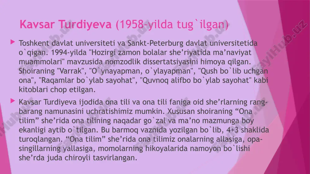 iqchiligi sohasida ham hissasi bor. uning she`rlariga a.nazarov, m.mahmudov, sh.yormatov kuy bastalagan. shoiraning "toshkesarlar mamlakatida" dramatik ertagi "sog`lom avlod yili"ga bag`ishlangan tanlov sovrindori bo`lgan. shoiraning "baxillik haqida rivoyat"i ham o`quvchilarga ma’naviy saboq bera oladi. unda o`ziga xos motiv va detallar uchraydi. rivoyat xalq ertaklariga o`xshash an’anaviy zachinga ega: juda qadim yillarda, juda uzoq zamonda kampir-u chol yasharkan bilmam qaysi tomonda dilshod rajab (1964-yilda tug`ilgan) o`zbek bolalar she’riyatining iste’dodli vakillaridan biri. u buxoro viloyatining shofirkon tumanida tug`ilgan. 1990-1993-yillar nizomiy nomidagi toshkent davlat pedagogika instituti aspiranturasida o`qib, "80-yillar o`zbek bolalar she’riyatida poetik mahoratning ayrim masalalari" mavzusida nomzodlik dissertatsiyasini himoya qilgan. 1994-2004-yillarda o`zbekiston davlat matbuot qo`mitasida, o`zbekiston yozuvchilar uyushmasi "adabiyot jamg`armasi" nashriyotida, respublika "shahidlar xotirasi" xayriya jamg`armasida turli lavozimlarda ishlagan. 2005-yildan buyon o`zbekiston respublikasi favqulodda vaziyatlar vazirligining "muhofaza" jurnali, "vaziyat" gazetasi birlashgan tahririyatida bosh muharrir o`rinbosari sifatida faoliyat yuritmoqda. yuzdan ortiq ilmiy, ilmiy-ommabop va publitsistik maqolalari chop etilgan. bugungi dilshod rajab yosh kitobxonlarga …