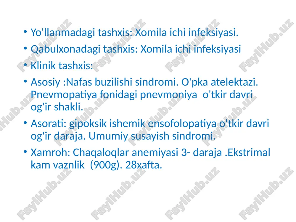 itsit -12ml*8marta(sutkalik) =96 ml 96 ml suyuqlik deffisitini parenteral toldiriladi. siydik tanosil va jinsiy tizim buyrak sohasida o'zgarish yo'q palpatsiyada buyraklar qolga urilmadi. siydik ajratish va jinsiy organlar tizimida anomaliya yo'q tashqi jinsiy organi erkaklarga xos.tuxumlari yorgoqqa tushmagan siydik rangi- sariq epidemiologik anamnez bemor yuqumli kasalliklar bilan muloqotda bolmagan gepatit b,c bilan ogrimagan oiv bilan ogrimagan. xomiladorlik vaqtida yashash joyida chetga chiqmagan qon va qon preparatlari qabul qilmagan onasi xomiladorlikning4 oyligida perenatal matkazda davolangan xomiladorlik paytida jarroxlik amaliyoti otkizmagan skrinning markazda royhatdan otgan. ayollar maslahatxonasida royhatda turadi dastlabki tashxis yuqoridagi shikoyat va anamnezlarga asoslanib quyidagicha tashxis quyildi. tashxis:xomila ichi infeksiyasi;pnevmopatiya fonidagi pnevmoniya,gipoksik ishemik ensofolopatiya. ekstrimal kam vaznlik.28 xafta tekshirish rejasi umumiy qon analizi umumiy siydik analizi umumiy axlat analizi qonning biokimyoviy tekshiruvi neyrosensir nevropatolog koruvi rentgen umumiy qon analizi gemoglabin-122g/l 180-240 eritrositlar*10/l -3.7 5.5< rang korsatkichi-0.9 0.85-1.05 trombositlar-245 180-320 leykositlar-9.9 20 coe-305 echt-6 qonning bioximik taxlili glucosa- 2.8mmol/l (3.55-5.55) kalsiy …