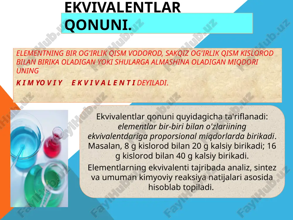 bosimida o’zgarmas gaz massasining hajmi gazning absolyut haroratiga proporsional bo’ladi: v=( const t) r,m yoki v1/ v2 = t1/t2 bu yerda: t=273,15+t, uni darajaning kelvin shkalasi deyiladi (k harfi bilan yoziladi) b) o’zgarmas hajmda o’zgarmas gaz massasining bosimi gazning absolyut haroratiga proporsional bo’ladi: p=(const t) v,m yoki r1/r2=t1/t2 gazning bosimi, hajmi va harorati orasidagi bog’lanish ideal gazning holat tenglamasi yoki klapeyron tenglamasi bilan ifodalanadi: p0v0/t0 = pv/t ideal gaz qonunlari. ideal gaz qonunlari. gazning normal sharoiti deb, uning t0=273,15k va p0=101,325 kpa bosimdagi holati qabul qilingan. gazning hajmini normal sharoitda keltirish uchun klapeyron tenglamasidan foydalaniladi: v0=pv 273,15/p0t p0v0/t0 ni r harfi bilan belgilasak, u holda, bir mol ideal gaz uchun: pv=rt, n mol gaz uchun pv=nrt yoki pv=m/m∙rt ga ega bo’lamiz. bu tenglama klapeyron-mendeleev tenglamasi deyiladi. m- gazning massasi, m – uning molekulyar massasi, n-mol soni) r-gazning universal doimiysi deb ataladi. uning qiymatini hisoblash quyidagicha: 1 mol gaz standart sharoitda …
