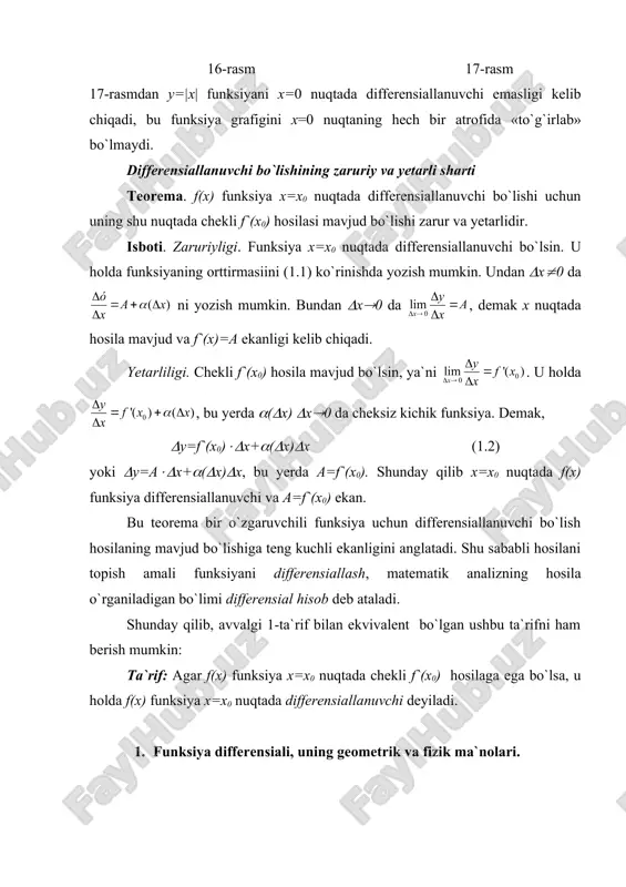 nosi. endi x((a;b) nuqtada diffyerensallanuvchi bo`lgan f(x) funksiyaning grafigi 18-rasmda ko`rsatilgan chiziqni ifodalasin deylik. bu chiziqning (x,f(x)) va (x+(x, f(x+(x)) nuqtalarin mos ravishda m va k bilan belgilaylik. unda ms=(x, ks=(y bo`ladi. f(x) funksiya x nuqtada chekli f`(x) hosilaga ega bo`lgani uchun f(x) funksiya grafigiga uning m(x,f(x)) nuqtasida o`tkazilgan ml urinma mavjud va bu urinmaning burchak koeffitsienti tg(=f`(x). shu ml urinmaning ks bilan kesishgan nuqtasini e bilan belgilaylik. ravshanki, (mes dan bundan es=ms(tg(=f`(x)(x ekani kelib chiqadi. demak, f(x) funksiyaning x nuqtadagi differensiali dy=f`(x)(x funksiya grafigiga m(x,f(x)) nuqtada o`tkazilgan urinma orttirmasi es ni ifodalaydi. differensialning geometrik ma`nosi aynan shundan iborat. 18-rasm differensialning fizik ma`nosi. moddiy nuqta s=f(t), bu yerda s –bosib o`tilgan yo`l, t-vaqt, f(t)-differensiallanuvchi funksiya, qonuniyat bilan to`g`ri chiziqli harakatlanayotgan bo`lsin. (t vaqt oralig`ida nuqta (s=f(t+(t)-f(t) yo`lni bosib o`tadi. yo`lning bu orttirmasini (s=f`(t)(t+(((t)(t ko`rinishda ifodalashimiz mumkin. bu yo`lni nuqta biror o`zgaruvchan tezlik bilan bosib o`tgan. agar (t vaqt oralig`ida nuqta …