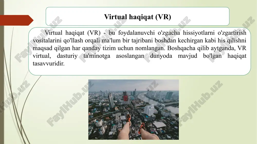 yib imkoniyatlar. ta'lim samaradorligini oshirish. zamonaviy texnologiyalardan foydalangan holda darslar katta qiziqish uyg'otmoqda. nogironligi bor odamlarni o'qitishning yangi usullari. ko'rish printsiplari, talabalarning faolligi, hayotga yaqinligi, vr texnologiyasidan foydalangan holda o'rganish talabalarni o'qitish jarayonini sezilarli darajada tezlashtiradi. ta'limda vrdan foydalanish. "virtual haqiqat" tizimlari - bu oddiy kompyuter tizimlariga qaraganda, odamning barcha beshta sezgilariga ta'sir ko'rsatib, virtual muhit bilan o'zaro aloqani simulyatsiya qiladigan qurilmalar. "virtual haqiqat" tizimlari. e’tiboringiz uchun rahmat !!! image1.jpeg image2.png image3.jpeg image4.jpeg image5.jpeg image6.jpeg image7.jpeg /docprops/thumbnail.jpeg