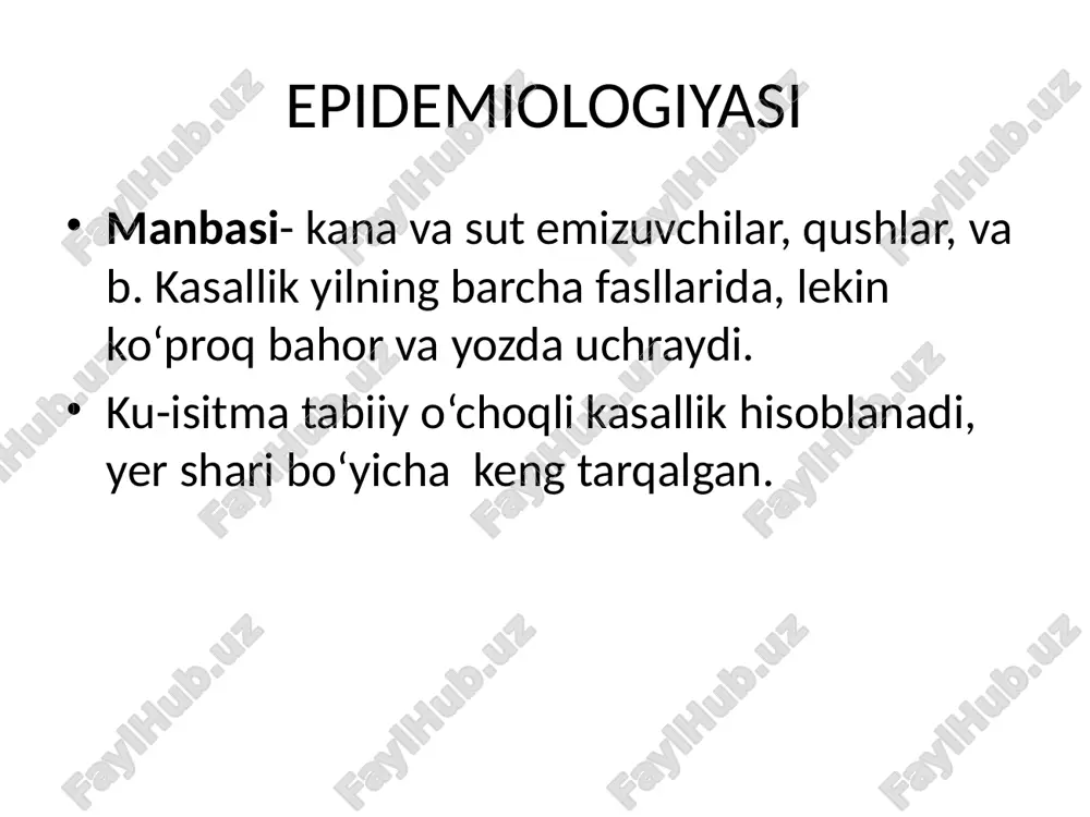 ikning 3-4- haftalarida “+ “ beradi. immunofluoressent usuli. uqt ust biaximiya davolash tetrasiklin 0 ,2—0,3 g dan kuniga 4 mahal yoki levometsetin 0,5 g dan kuniga 4 mahal tana harorati tushgunga qadar va yana 2 kun davomida beriladi. bir vaqtning o‘zida 5% li glukoza eritmasi (500 ml gacha) venaga, vitaminlar kompleksi, ko‘rsatmaga binoan — oksigenoterapiya, yurak -qon tomir preparatlari tayinlanadi. profilaktikasi c horva mollari oziqlanadigan joylar xlorli ohakning 10% li eritmasi bilan dezinfeksiya qilinadi. kasallik o ‘chog ‘idagi hayvonlar suti qaynatib ishlatiladi. tabiiy o ‘choqlarda kanalar bilan kurashiladi. 0 ‘c hoqda k u -isitmasining spetsifik profilaktikasi uchun hayvonlar bilan aloqada bo‘lgan kishilar vaksinatsiya qilinadi. vaksina teri ostiga uch marta 0 ,5—0,5— 1 ml dan 7—10 kunlik intervallarda yuboriladi. ku-isitmasi bilan og‘rigan bemorlar atrofidagilar uchun katta xavf tug ‘dirmaydi. lekin ilmiy adabiyotlarda tibbiy xodim - larning infeksiya yuqtirganligi haqida ma’lumotlar bor. bunday hollarda bemor bilan aloqada bo‘lganlar (ayniqsa o ‘pkaga tegishli …