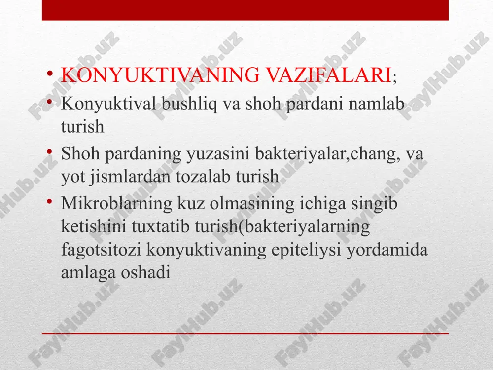 d usuli) eritmasi yoki uch marta 10 daqiqa intervalda sulfatsil natriy eritmasi tomiziladi, yoki qovoqlar ortiga bir marta 1% eritromitsin yoki 1% tetratsiklin malxam suriladi. chaqaloqlar gonoblennoreyasi profilaktikasida xomilador ayollarning ko’rigi va ularning ayollar maslahatlarida faol davolanishi muhim hisoblanadi. bundan tashqari: - shaxsiy gigiena qoidalariga rioya qilish (yuvilmagan qo’llar bilan ko’zga tegmaslik, begona sochiqdan foydalanmaslik va hokazo); - individual pipetka va ko’z tayoqchalari qo’llash, shuningdek statsionar va poliklinikalarda ko’z tomchilarini har kuni almashtirish; - bemorni jamoadan alohida saqlash; - bolalar maktabgacha ta’lim muassasalari va maktablarga bormasligi kerak; - bemor bilan aloqada bo’lgan shaxslarga har kuni kuniga 2-3 mahal 30% sulfatsil natriy eritmasini tomizish tavsiya etiladi. difteriyali kon’yunktivit hozirgi kunda difteriyaga qarshi emlanmagan bolalar va kattalarda o’ta kam uchramoqda. etiologiyasi: leffler batsillasi bilan chaqiriladi. qo’zg’atuvchi juda yuqori toksigenligi, keskin ifodalangan shishga olib keluvchi yallig’lanishni keltirib chaqiruvchi, oqsillar koagulyatsiyasi natijasida fibrinoz-nekrotik plyonkalar hosil qilishi bilan xarakterlanadi. klinika: qovoqlarda kuchli, zich, ko’k-qizil shish …