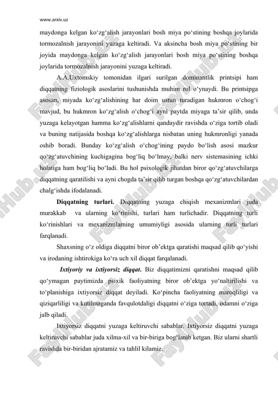 iligi va kutilmaganda favqulotdaligi diqqatni o‘ziga tortadi, odamni o‘ziga jalb qiladi. ixtiyorsiz diqqatni yuzaga keltiruvchi sabablar. ixtiyorsiz diqqatni yuzaga keltiruvchi sabablar juda xilma-xil va bir-biriga bog‘lanib ketgan. biz ularni shartli ravishda bir-biridan ajratamiz va tahlil kilamiz. tashqi kuzatuvchining xarakteri bilan bog‘liq ravishda yuzaga keladigan ixtiyorsiz diqqatni keltirib chiqaradigan sabablar: bunga dastavval qo‘zgatuvchining kuchi yoki intensivligi kiradi. yetarli darajada bo‘lgan har qanday qo‘zg‘atuvchi: qattiq ovoz, yorqin nur, kuchli silkinish diqqatimizni beixtiyor o‘ziga jalb qiladi. bunda qo‘zg‘atuvchining absolyut kuchidan ko‘ra, nisbiy kuchi muhimroq rol o‘ynaydi. ko‘zg‘alishlar o‘rtasidagi kontrast ham diqqatni o‘ziga beixtiyor tortuvchi sabablardan biridir. qo‘zg‘alishning uzoq vaqt davom etishi va shuning bilan birga narsaning fazoda tutgan o‘rnining kattaligi muhimdir. masalan: hajmi atrofdagi jismlardan katta jism, qisqa muddatli qo‘zg‘atuvchilar orasida uzoq muddat davomida ta’sir kiluvchi diqqatni o‘ziga tortadi. qo‘zg‘atuvchining to‘xtab-to‘xtab ta’sir qilishi ham kishining diqqatini beixtiyor o‘ziga tortadi (yonib-o‘chib turuvchi yorug‘lik). ta’sir qilib turgan qo‘zg‘atuvchining birdaniga to‘xtab qolishi diqqatimizni jalb qiladi. ixtiyorsiz …