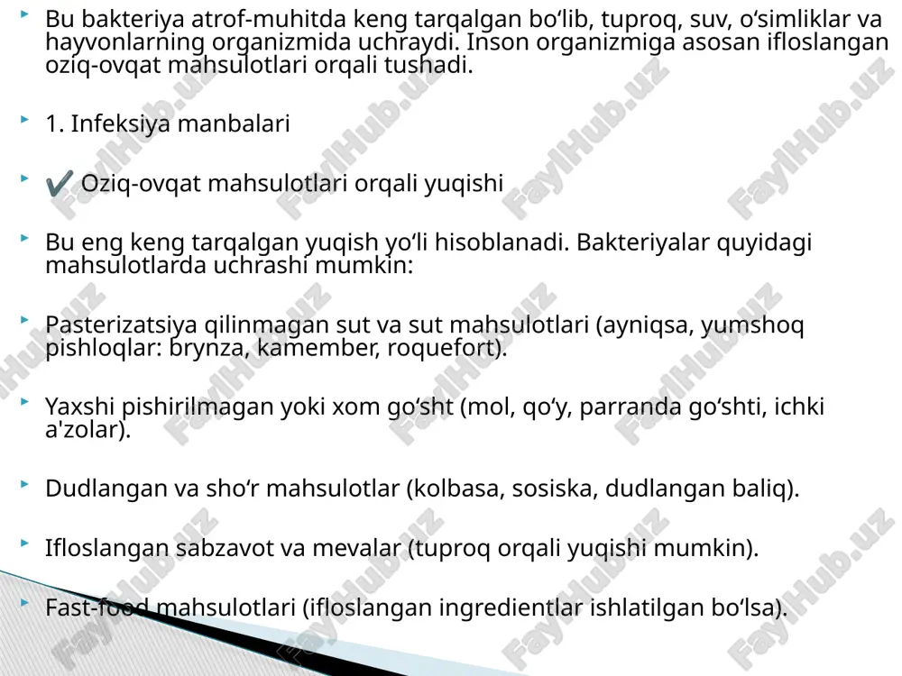 ardagi listerioz homilador ayollarda kasallik yengil shaklda kechishi mumkin, lekin homila uchun juda xavflidir. homilador ayollardagi belgilari: engil isitma mushak va bo‘g‘imlarda og‘riq grippga o‘xshash holat agar infeksiya homilaga o‘tsa, tug‘ma listerioz chaqaloqda quyidagi muammolarga olib kelishi mumkin: chala tug‘ilish yoki o‘lik tug‘ilish yangi tug‘ilgan chaqaloqlarda sepsis yoki meningit teri toshmalari listeriozni aniqlash usullari (diagnostika) 1. bakteriologik tekshiruv bu asosiy diagnostik usul bo‘lib, listeria monocytogenes bakteriyasini organizmdan ajratib olishga yordam beradi. qon ekinlari – sepsis va umumiy infeksiya borligini aniqlash uchun. likvor (bosh-miya suyuqligi) ekinlari – agar meningit yoki ensefalit bo‘lsa. homilador ayollarda yo‘ldosh suyuqligi yoki homila suyuqligi tahlili. ichak shaklida najas ekinlari tekshirilishi mumkin. yangi tug‘ilgan chaqaloqlarda kindik qonidan namuna olish. pcr (polimeraz zanjir reaksiyasi) bu usul listeria monocytogenes dnksini aniqlaydi. juda tez va aniq natija beradi. ayniqsa, homilador ayollar va yangi tug‘ilgan chaqaloqlarda qo‘llaniladi. serologik testlar (igm va igg antitanalari) qonda bakteriyaga qarshi antitanalar (igm, igg) borligini aniqlaydi. …