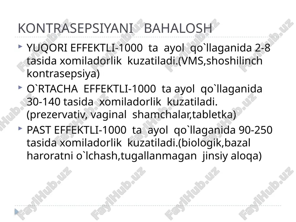 hlab chiqariladi. ayol prezervativ ishlatganida, erkak prezervativ ishlatishi kerakmas, aks holda yirtiladi xomiladorlikdan 100 % gacha saqlay olmaydi ayollar mexanik kontrasepsiyasi qin diafragmalari-spermit shimdirilgan yassi yuzali yumshoq,rezina chashkacha,qinga oson kiritiladi va bachadin bo`ynini yopadi. diafragma yuzasidagi spermit spermatozoidlarni o`ldiradi. ayollar mexanik kontrasepsiyasi afzalliklari: 1)jinsiy aloqadan 6 soat oldin qo`yish mumkin. 2)ayol kishiga o`z tanasini yaxshilab o`rganishiga yordam beradi. 3)menstrual siklga ta`sir qilmaydi 4)infeksiyadan va rejalashtirilmagan homiladorlikdan saqlaydi. 5)hayz vaqtidagi jinsiy aloqada qon oqishini to`xtatish uchun ishlatish mumkin. ayollar mexanik kontrasepsiyasi ishlatish: 1)diafragmaning yassi yuzasiga spermitsit kremini suring 2)ikkinchi va uchinch barmoq bilan diafragmani qising 3) o`tiring va oyoqlarni tizza bo`g`imida bukib orasini oching. 4)chap qo`l bilan katta jinsiy lablarni oching va o`ng qo`l bilan diafrgamani qinga kirgizing, toki bachadon bo`yniga yetib bormaguncha ayollar mexanik kontrasepsiyasi bachadon bo`yni kalpachogi rena yoki silikon kalpachok bo`lib, bachadon bo`yniga kiydiriladi. tug`magan ayollarda tuqqan ayollarga nisbatan ko`proq effekt beradi. tug`ruqning birinchi yillarida kalpachok bachadon bo`yniga …