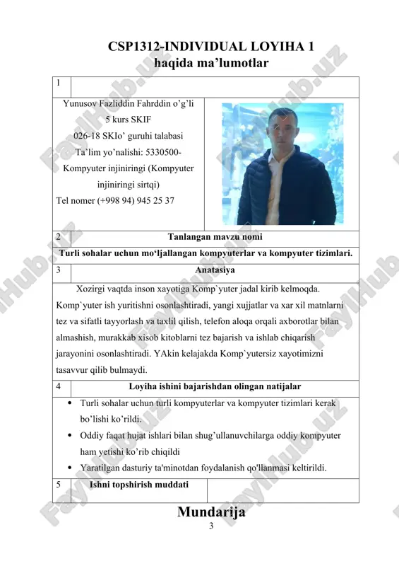 lan shug’ullanuvchilarga oddiy kompyuter ham yetishi ko’rib chiqildi · yaratilgan dasturiy ta'minotdan foydalanish qo'llanmasi keltirildi. 5 ishni topshirish muddati mundarija kirish ………………………………………………………………………. 5 i. kompyuter nima ………. 7 1.1.kompyuterlar tarixi................................... 7 ii. dasturiy ta’minot…………………………………… 2.1. dt sathlari……………………………………………. 2.2 amaliy dasturiy vositalarni sinflarga ajratish……………… iii. super kompyuterlar va ularning xususiyatlari ………………. 24 2.1 super kompyuter va ularning turlari…..………............ 24 xulosa …………………………………………………................................ 30 adabiyotlar …………………………….…………….............................. 32 ilova…………………………………………………………………………. 33 kirish xozirgi vaqtda inson xayotiga komp`yuter jadal kirib kelmoqda. komp`yuter ish yuritishni osonlashtiradi, yangi xujjatlar va xar xil matnlarni tez va sifatli tayyorlash va taxlil qilish, telefon aloqa orqali axborotlar bilan almashish, murakkab xisob kitoblarni tez bajarish va ishlab chiqarish jarayonini osonlashtiradi. yakin kelajakda komp`yutersiz xayotimizni tasavvur qilib bulmaydi. shuning uchun xar bir kishiga tushunarli bulgan kichik xajmdagi bilimlar juda kerak bo’ladi. inson xisoblay boshlashidagi dastlabki xisoblash vositasi bo’lib odamlarning barmoqlari xizmat qilgan. ammo ular yordamida faqat sanash ishlarni bajargan (sabab barmoqlar soni cheklangan). …