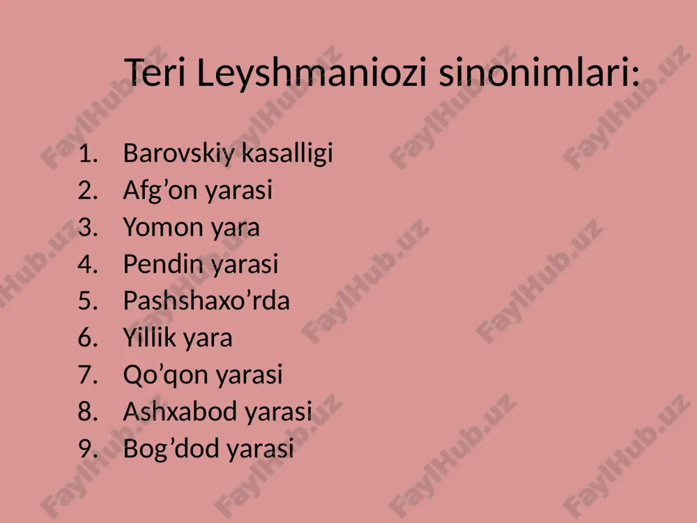 aralar va atrofida infiltrat leyshmanioma boshlang’ich davri leyshmanioma yemirilish davri yaralanish davri tuzalish davri leyshmanioma tuzalish davri diagnostikasi diagnoz qo’yishda bemor endemik o’choqda bo’lgan-bo’lmaganligini aniqlash muhim ahamiyatga ega kasallikning klinik kechishi, yaralar atrofidagi periferiya bo’ylab joylashgan limfangitlar, yaralarning nekrozlanishi, atrofdagi to’qima granulyatsiyalari kasallikka erta diagnoz qo’yishga yordam beradi. labaratoriya tekshiruvida bemorning yarasidan, limfa tugunidan va suyak ko’migidan olingan surtmani romanovskiy-gimza usulida bo’yab ko’rish usulida hujayra ichida joylashgan leyshmaniylarni aniqlash diagnozni uzil kesil hal qilib beradi. romanovskiy-gimza usulida leyshmaniozni mikraskopik ko’rinishi. davolash rejasi: 1. umumiy davo: a.surtma preparatlari: glyukantim, solyusurmin , pentastam,neostibazan b.antibiotiklar: furazalidon, metronidazol, tinidazol, metasiklin, fungizon,monomitsin,aminoxinon, kanamitsin. d.bezgakka qarshi preparatlar : xingamin, delagil, rezoxin, xloroxit. e. antimikotik preparatlar: ketakanazol, ornigil, terbizil. f. immunomodulyatorlar g. vazoprotektorlar. 2. mahalliy davo: dezinfeksiyalovchi va epetelizatsiyani yaxshilovchi muolajalar: ho’l boylamlar; furatsillin, kaliy permanganat, rivanol. anilin bo’yoqlari: fukartsin, briliant ko’ki malhamlar: vishnevskiy, 2%li sariq simobli, 5-10% li protargol, 1% li akrixin, 5% li borli antibiotikli …
