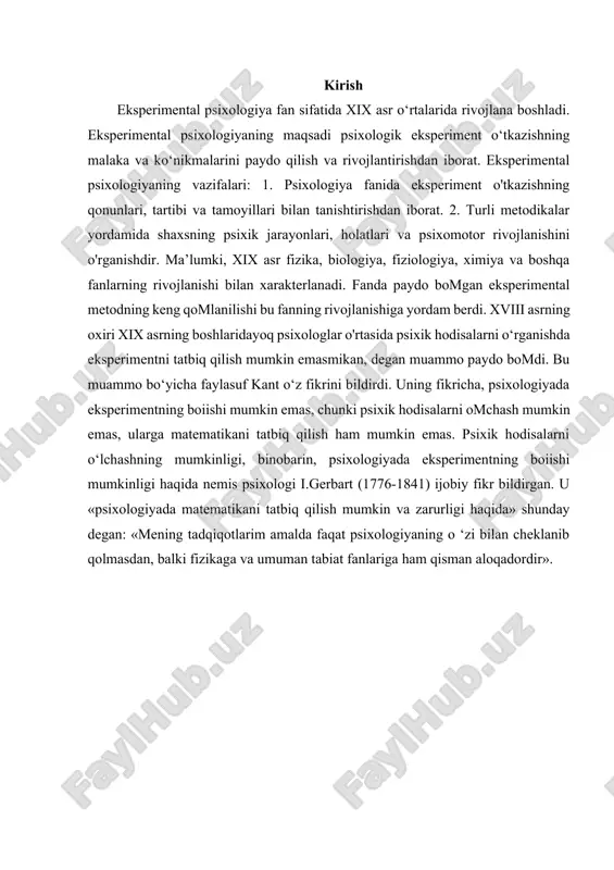disalarning yuzaga chiqishi kerak bo‘lsa, o‘sha hodisalar yuzaga chiqqan kishilarni qidirishga yoki biron kishida, ba’zan psixologning o‘zida shu hodisalarning yuzaga chiqishini kutib turishga to‘g‘ri keladi. eksperiment metodidan foydalanganda bu o‘ng‘aysizlik va qiyinchiliklar barham topadi yoki kamayadi. psixologiyada eksperimentning ikki turi: laboratoriya eksperimenti va tabiiy eksperiment tafovut qilinadi. laboratoriya eksperimenti. laboratoriya eksperimentining mohiyati shundaki, tekshiruvchi kishi tekshiriladigan psixik hodisani qachon kerak bo‘lsa o‘sha vaqtda ataylab vujudga keltiradi. bunda tekshirilayotgan psixik hodisa tabiiy sharoitda birgalikda sodir bo‘ladigan boshqa psixik hodisalar kompleksidan ajratib olinishi mumkin. tekshiriladigan psixik hodisalar eksperiment davomida o‘zgartirilishi, boshqa psixik hodisalar bilan muayyan bir sur’atda bog‘lanishi, kuch, tezlik, hajm va boshqa shu kabi jihatlari o‘lchab ko‘rilishi mumkin. bu yerda muayyan bir psixik hodisani vujudga keltirgan sharoit sun’iy yo‘l bilan o‘zgartirilishi, psixik hodisa davom etadigan sharoit o‘zgartirilishi mumkin. shuning uchun ham psixik hodisalarning qonuniyatlari metodi bilan tekshirishda yaxshiroq ochiladi. eksperimental tadqiqotlar o‘tkazishda maxsus metodik materiallar – narsa, rasm va so‘zlar, shuningdek, …