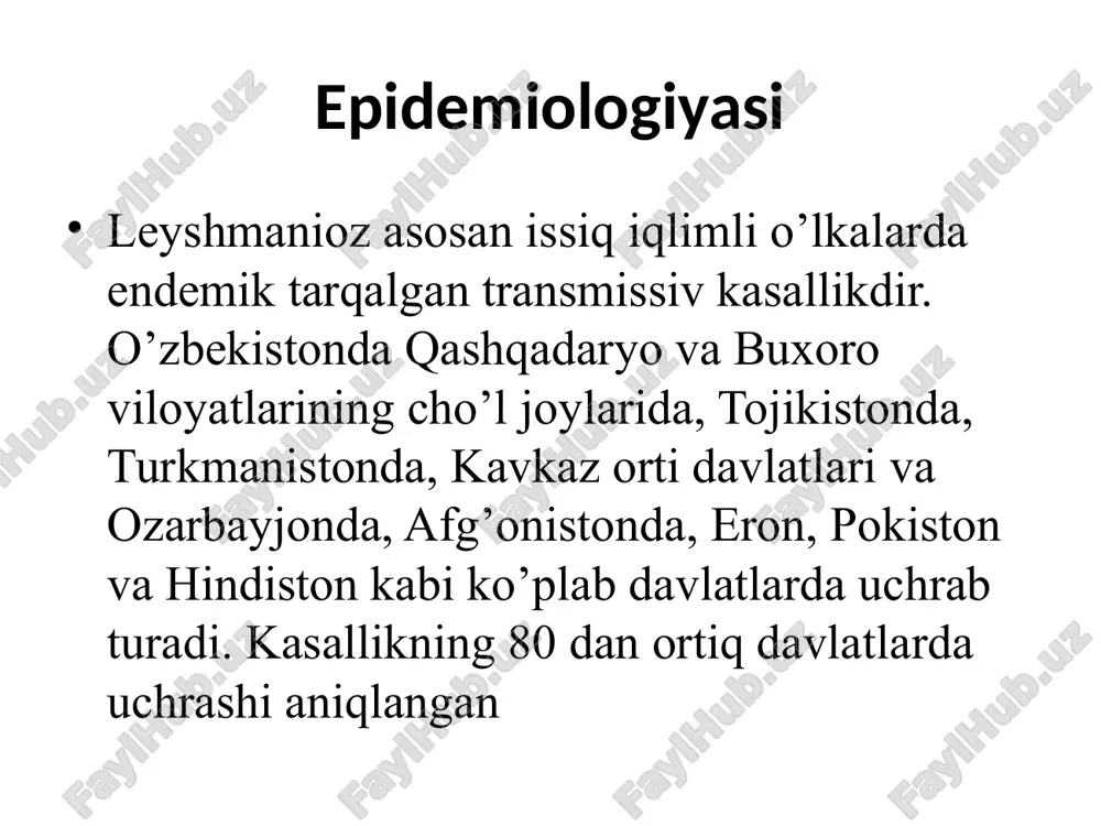 a bo`lgan-bo`lmaganligini aniqlash muxim axamiyatga ega kasallikning klinik kechishi, yaralar atrofidagi periferiya bo`ylab joylashgan limfangitlar, yaralarning nekrozlanishi, atrofdagi to`qima granulyatsiyalari kasallikka erta diagnoz qo`yishga yordàm beradi laboratoriya tekshiruvida bemorning yarasidan, limfa tugunidan va suyak ko`migidan olingan surtmani romanovskiy-gimza usulida bo`yab ko`rish usulida xujayra ichida joylashgan leyshmaniylarnè aniqlash diagnozni uzil kesil xal qilib beradi davosi o davo rejasi xar bir bemorga nisbatan individual tuziladi. o bunda yaralarning joylashgan o`rni, ularning kattaligi va soni, asoratlangan va asoratlanmaganligi e`tiborga olinadi o o`tkir boshlanganda yalliqlanishga qarshi xar xil namlashlar, aseptik bog’lamlar va eritmalar xamda antiseptik malxam va kremlar tavsiya etiladi o yaralar ko`p va ular ikkilamchi infektsiyalar bilan zararlanganda, limfangitlar va limfadenitlar bo`lgan taqdirda antibakterial preparatlar buyuriladi o akrixinning 4% li eritmasi va urotropinning 40% eritmasi bilan bog’lam qo`yish xam maxalliy yaxshi samara beradi o vitseral leyshmaniozda tomirga 5% li solyusurmin eritmasi 1 kunda 3-10 mg dan, jami 20-25 marotaba yuboriladi. profilaktika teri leyshmaniozi …