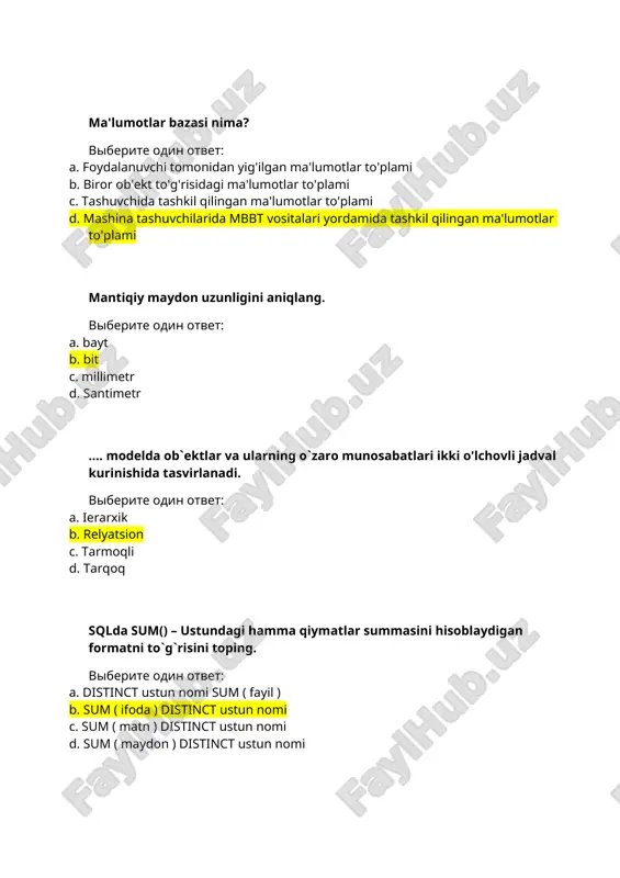 ladigan qismlardan iborat. viberite odin otvet: a. belgilar b. maydon c. yacheka d. matnlar ma'lumotlar bazasini boshqarish uchun qaysi tildan foydalaniladi? viberite odin otvet: a. sql - standart queue language b. spl - system programming language c. so'rovlarni standartlashtirish tili d. sql - structured queries language quyidagilarni qaysi biri ma`lumotlar bazasini boshqarish tizimlari bo`ladi? viberite odin otvet: a. dbase b. ms foxpro paradox c. barchasi d. ms access mbbtning qaysi vositasi qayta ishlangan natijalarni foydalanuvchiga qulay ko'rinishda tayyorlash imkonini beradi? viberite odin otvet: a. so'rov tuzish vositasi b. hisobotlar tuzish vositasi c. foydalanuvchi ilovalarini yaratish vositalari d. ekran shakllarini tuzish vositasi sqlda tanlash operatorni aniqlang viberite odin otvet: a. delete b. insert c. values d. select quyidagilardan qaysi birlari ma`lumotlar omboriga tegishli? viberite odin otvet: a. graph, relyatsion, ierarxik. b. faqat relyatsion. c. .tpu, tarmoqli, relyatsion. d. relyatsion, tarmoqli, ierarxik. jadvalning maydon turini qaysi rejimda o`zgartirish mumkin? viberite odin otvet: …