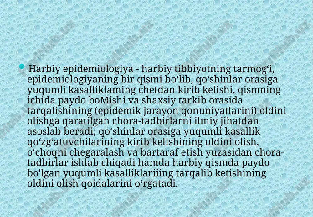qo‘shinlaming turli faoliyatlari sharoitlarida epidemik vaziyatni baholash usullari o‘zlashtiriladi 3. harbiy epidemiologiyaning tashkiliy asosi. bu bo‘lim epidemiologiya va harbiy tibbiy xizmatni tashkil qilish va uning taktikasi sohasidagi bilimlar majmuasidan iborat. epidemiyaga qarshi va bakteriologik quroldan himoya qilishni tashkil qilish bu xizmatning tuzilishi va vazifalari nuqtayi nazaridan ko‘rib chiqiladi. 4. harbiy xizmatchilami epidemiyadan va bakteriologik quroldan himoya qilish bo‘yicha chora-tadbirlaming mazmuni va ulami tashkil qilish. fan taraqqiyotining hozirgi bosqichi darajasida ishlab chiqilgan epidemiyaga qarshi chora-tadbirlar harbiy xizmatchilar orasida ham, tinch aholi orasida ham yuqumli kasalliklarning oldini olish bo‘yicha yagona hisoblanadi. harbiy xizmatchilarga samarali tibbiy yordam ko‘rsatish epidemiyaga qarshi tadbirlami izchillik bilan ilmiy asosda olib borishni taqozo qiladi. 5. harbiylami epidemiyalardan va bakteriologik qurol ta’siridan himoya qilishni boshqarish. qurolli kuchlarda epidemiyaga qarshi o‘tkaziladigan chora-tadbirlami amalga oshirish uchuri ma’lum paytda epidemik holat darajasi asosida boshqaruvchilik qarorlari qabul qilinadi va harbiylami epidemiyadan, bakteriologik qurollardan himoya qilish rejalari tuziladi. 6. harbiy xizmatchilar orasida tarqalishi mumkin …