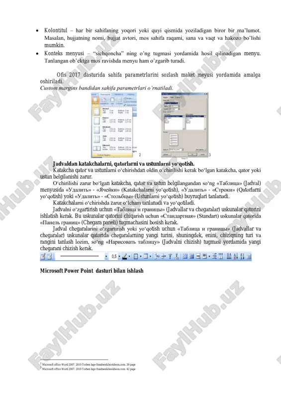 bzats chegaralarni tekislash, satrlar orasidagi masofalarni o‟zgartirish mumkin.  avtoformat – mavjud shakllar asosida matnni formatlash. 1 microsoft office word 2007. 2010 torben lage frandsen&bookboon.com. 13 page  kolontitul – har bir sahifaning yoqori yoki quyi qismida yoziladigan biror bir ma‟lumot. masalan, hujjatning nomi, hujjat avtori, mos sahifa raqami, sana va vaqt va hakozo bo‟lishi mumkin.  konteks menyusi – “sichqoncha” ning o‟ng tugmasi yordamida hosil qilinadigan menyu. tanlangan ob‟ektga mos ravishda menyu ham o‟zgarib turadi. ofis 2017 dasturida sahifa parametrlarini sozlash maket meyusi yordamida amalga oshiriladi. custom margins bandidan sahifa parametrlari o’rnatiladi. 2 3 jadvaldan katakchalarni, qatorlarni va ustunlarni yo„qotish. katakcha qator va ustunlarni o„chirishdan oldin o„chirilishi kerak bo„lgan katakcha, qator yoki ustun belgilanishi zarur. o„chirilishi zarur bo„lgan katakcha, qator va ustun belgilangandan so„ng «tablitsa» (jadval) menyusida «udalit» - «yacheyki» (katakchalarni yo„qotish), «udalit» - «stroki» (qatorlarni yo„qotish) yoki «udalit» - «stolbtsi» (ustunlarni yo„qotish) buyruqlari tanlanadi. katakchalarni o„chirishda zarur o„lcham …