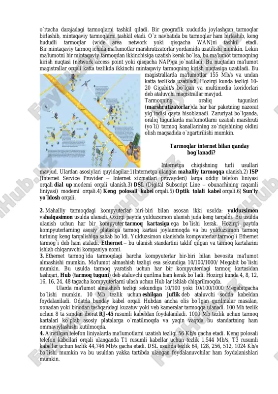 mpyuterlar asosiy kompyuterning (server) ma‟lumotlaridan foydalanish yoki o„z ma‟lumotlarini asosiy kompyuter xotirasiga joylashtirish mumkin;  print server xizmati. bunda tarmoqdagi barcha kompyuterlar o„z ma‟lumotlarini xizmat joriy qilingan kompyuter boshqaruvi orqali qog„ozga chop qilishi mumkin;  proksi server xizmati. bunda tarmoqqa ulangan barcha kompyuterlar xizmat joriy qilingan kompyuter boshqaruvi orqali bir vaqtda internet yoki boshqa xizmatlardan foydalanishi mumkin;  kompyuter va foydalanuvchi boshqaruvi xizmati. bunda tarmoqqa ulangan barcha kompyuterlarning va ularda qayd qilingan foydalanuvchilarning tarmoqda o„zini tutishi hamda faoliyat yuritishi belgilanadi va nazorat qilinadi. kompyuter tarmoqlarida ma'lumotlarni uzatish internet orqali ma'lumot jo`natganingizda, u ko`zlangan manzilga osongina etib borgandek tuyuladi. aslida bu juda murakkab jarayon. internet orqali ma'lumot uzatganingizda kompyuterlar internet bo`ylab ma'lumot uzatishda foydalanadigan tcp (transmission control protocol – uzatishni boshqarish protokoli) protokoli ma'lumotni avval kichikroq bo`laklar – paketlarga bo`lib chiqadi. bu paketlarda boshqa foydali ma'lumotlar ham bo`ladi-ki, ular paketlarni internet bo`ylab to`g`ri yo`naltirishga yordam beradi. sizning kompyuteringiz bu paketlarni sizning …