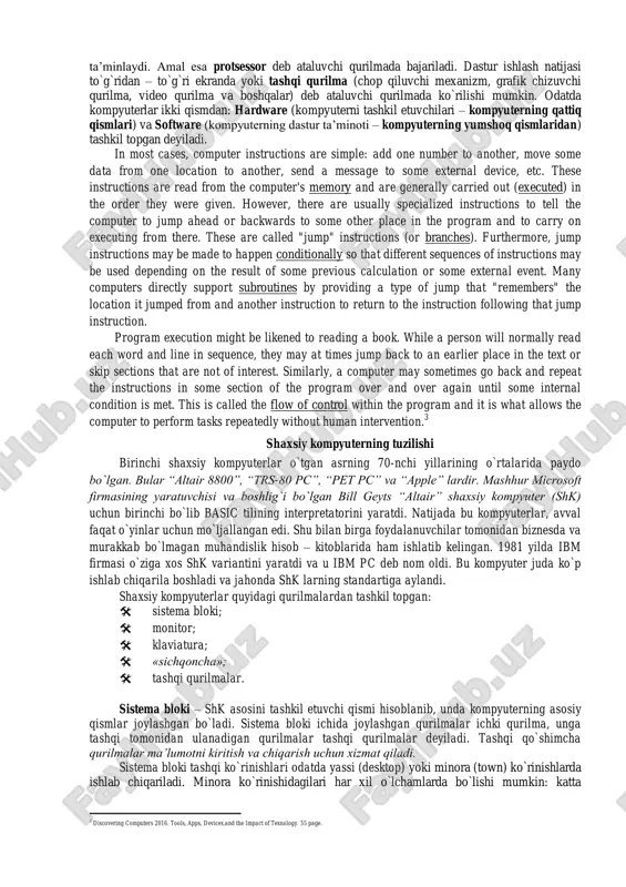 ixchamlashib, hatto shaxsiy kompyuterdek kichik joyni egallaydiganlari yaratilmoqda. bu kompyuterlar avvallari asosan harbiy maqsadlar uchun ishlatilgan va maxfiy hisoblangan. shaxsiy kompyuterlar hozirda korxonalar, muassasalar, oily o`quv yurtlarida keng tarqalgan bo`lib, ularning aksariyati ibm rusumiga mos kompyuterlardir. ibm rusumiga mos kompyuterlar deganda, ularning turli kompaniyalar ishlab chiqarishiga qaramay, ham texnik, ham dasturiy ta’minoti mosligi, ya’ni bir – biriga to`g`ri kelishi nazarda tutiladi. noutbuk kompyuterlar. ularning hajmi ancha ixcham bo`lib, ammo bajaradigan amallar soni, xotira hajmi shaxsiy kompyuterlar darajasiga ko`tarilib bormoqda. ularning qulaylik tomonlaridan biri ham elektr energiyasidan va ichiga o`rnatilgan batareyalardan ham uzluksiz (batareyani har safar almashtirmasdan) ishlash mumkinligidir. bunda batareya quvvati energiyaga ulanishi bilan o`zi zaryad ola boshlaydi va u batareya bir necha yillarga mo`ljallangan bo`ladi. hozirda noutbuk kompyuterlaridan ham ixcham cho`ntak kompyuterlari ishlab chiqilmoqda. kompyuterning ishlash prinsipi va tashkil etuvchilari kompyuterning ishlash printsipini birinchi ingliz olimi charliz bebich va uning g`oyasining mukammalshgan ko`rinishini djon fon neyman taklif qilgan. uning …