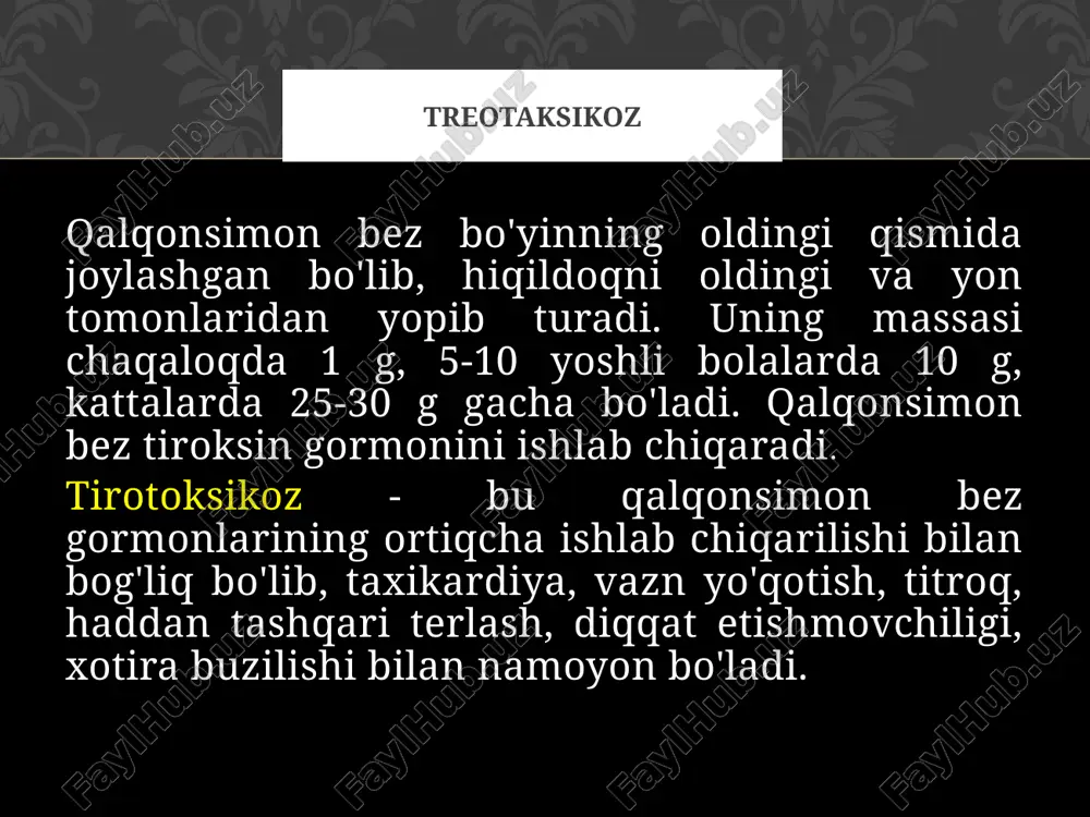 monlar vositasida qilinadigan muolaja tireotok-sikozning yengil va ortacha ogirlikdagi turlari bilan kasallangan bemorlarda otkaziladi, kasallikning ogir kechadigan hollarida esa, qilinayotgan muolaja operatsiyani asoratsiz otishiga zaruriy tadbir hisoblanadi. chunki, bu kasallikda operatsiya jaroyoni davomida yoki undan keyin turli asoratlar (tireotoksik kriz va b.) ning kelib chiqishi, bemor ahvolini ogirlashtirishi va noxush natijaga olib kelishi mumkin. tarkibini yod moddasi tashkil qilgan preparatlar bilan davolash: 1.yod mikrodozalari, lyugol eritmasi, tarkibida yod moddasi bor preparatlar guruhi namoyondalari bolib, ularni lyuminal, valeryanka bilan birga, barqapop taxikardiya va titroq aritmiyada esa digitalis bilan birga tayinlanadi. yod moddasi - bemorlarni operatsiyaga tayyorlashda goyat ta'sirchan vosita, biroq kasallik kechishida hamisha ham barqaror va uzoq muddatga yaxshilanishni vujudga keltiravermaydi - kopchilik bemorlarda davomli remissiya davridan keyin ahvol yana yomonlashib, hatto davolashdan oldingi holatdan ham battar bolishi mumkin. yod tugunli tireotoksik buqoqli bemorlarga esa, deyarli ta'sir qilmaydi. yodning terapevtik aktivligi, birga qoshilib kelgan kasallikni hisobga olgan holda, boshqa vositalarni mohirona …