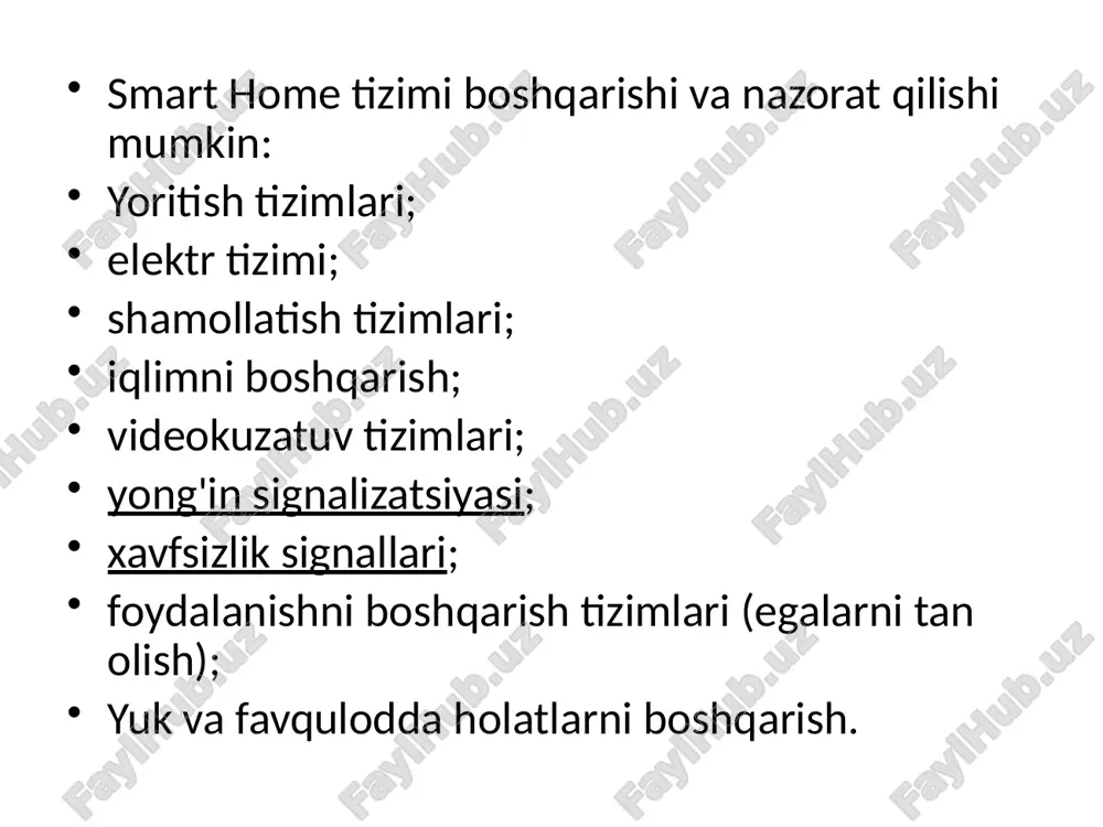 ashtirish majmuasi tushuniladi. tizimlar konditsioner, elektr ta'minoti, isitish, shamollatish, shamollatish, signal va boshqa bir qatorlar kiradi. ichida rivojlangan davlatlar deyarli barcha zamonaviy binolar aasus bilan jihozlangan. rossiya bunga keladi. smart uy texnologiyasida avtomatlashtirish 3 darajaga bo'linadi. ularning har biri o'ziga xos xususiyatlarga ega: yuqori. ushbu darajada aqlli binoning majmuasi tomonidan kiritiladi. shuningdek, odamlar (ijarachilarning) tizimi bilan odamlar interfeysi bilan tushunarli bo'lgan holda o'zaro ta'siri mavjud. o'rta. aasuzning individual qismlari o'rtasida bog'liqlik mavjud. ushbu darajadagi kommutatsiya uskunalari, kontrollerlar, kalitlar, boshqaruv panellari, shu qatorda. uzoqdan. pastki. ushbu daraja atrof-muhit ko'rsatkichlari, shuningdek o'rta darajadagi kommutatsiya vositalarida o'zgarishlarga javob beradigan aktuator va sensorlar kiradi. yaqinda rossiyada aqlli qurilish tizimini o'rnatish va sozlash jihatlarini aniqlaydigan standartlar mavjud. dunyoning qolgan qismida ushbu soha iso 16484-xx belgisi bilan standartlar to'plami bilan tartibga solinadi. smart uyga kiritilgan tizimlar ma'lumki, ko'rib chiqilayotgan muddat uyda muhandislik tizimlarining keng qamrovli ishidir. majlis tufayli uyda mavjud bo'lgan barcha tizimlarni birdaniga ulash kerak …