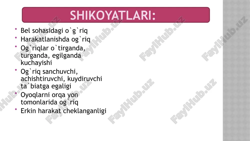 yuzi simmetrik, ongi aniq, savollarga aniq va to`g`ri javob beradi harakatlari aniq, parez va paralichlar yo`q bosh miya nervlari o`zgarishsiz patologik reflekslar aniqlanmaydi dastlabki diagnoz bel umurtqalari osteoxondrozi 16 tekshirish rejasi laborator umumiy qon tahlili qon biokimyoviy tahlili siydik tahlili axlat tahlili qon ivish ko`rsatkichi instrumental ko`krak qafasi rentgenografiyasi bel-dumg`aza sohasi mskt ekg, exokg taloq, jigar uttsi nevrolog konsultatsiyasi tekshiruv natijalari umumiy qon tahlili ko`rsatkich rezultat norma gemoglobin 107 e=130-160g/l a=120-140g/l eritrosit 3,7 e=4,0-5,5*1012/l a=3,9-4,5*1012/l rang ko`rsatkich 0,9 0,9-1,05 leykotsit 7,2 4-9*109/l trombotsit 218 180-320 tayoqcha yadroli neytrofil 4 1-6% segment yadroli neytrofil 62 47-72% eozinofil 2 0,5-5% echt 32 e=1-10 mm/soat a=2-15 mm/soat pokazatel rezultat norma protrombin vaqti 16,7 sek 11-14 protrombin indeksi 71% 80-100 mno 1,18 1,0-1,13 achtv 29,6 sek 26,1-36,3 fibrinogen 3,3 g/l 2-4 tekshiruv natijalari qon biokimyoviy tahlili ko`rsatgich rezultat norma umumiy bilirubin 2 1,1-18,8mkmol/l bog`lanmagan bilirubin 1 4,3 mkmol/l umumiq oqsil 74,0 65-80g/l alt 41,5 …