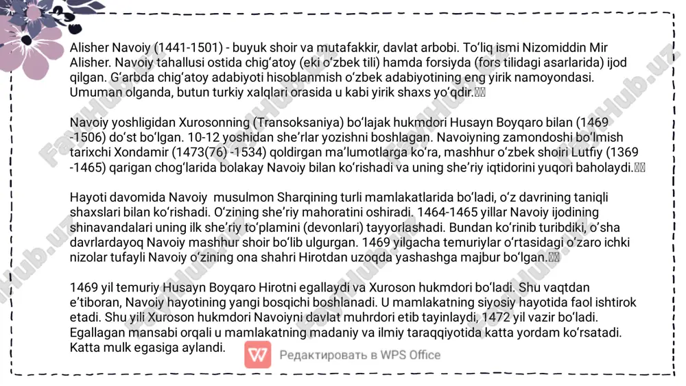va totuvlik doimo hukmron surishiga doim harakat qilgan.navoiy forsiy tilida yozilgan o‘z she’rlarini “devoni foniy” nomi ostida jamlagan. u fors shoirlari bilan ham bellashmoqchi bo‘lgan. to‘plam shaklida chiqarilgan g‘azallarini o‘zini hisoblasak, ular 3150 donani tashkil etadi. navoiy yozgan she’rlarining miqdoriga ko‘ra peshqadam, desak mubolag‘a bo‘lmaydi. shuningdek, navoiy fors tilidagi qasidalarini jamlab, “sittai zaruriya” (“olti zaruriyat”) va “fusuli arbaa” (“yilning to‘rt fasli”) nomli ikki to‘plam yaratadi. alisher navoiyning so‘nggi asari “mahbub ul-qulub” (1500). unda shoirning so‘nggi ijtimoiy va siyosiy qarashlari yoritilgan. alisher navoiy butun hayoti davomida adabiy asarlarni siyosat bilan birlashtirgan. yuqori mansabga ega shaxs bo‘la turib, u mamlakat hayotining ijtimoiy-iqtisodiy takomillashishiga katta hissa qo‘shgan; ilm, fan, san’at rivojiga homiylik qilgan; tinchlik va totuvlik hukmron surishiga doim harakat qilgan. ko‘rib turganimizdek, navoiy merosi mavzu va janrlari bo‘yicha turlidir. uning asarlari xv asrdan hozirgi kungacha o‘zbek adabiyoti rivoji uchun xizmat qilib kelmoqda. asrlar davomida uning asarlari taqlid va ilhom manbai bo‘lib hisoblanib …