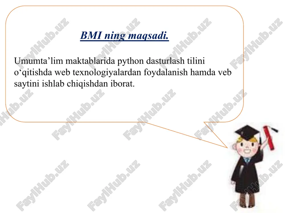 igan loyihalar ishlab chiqish bo’yicha tushunchalar berish maqsad qilib qo’yilgan. ushbu bitiruv malakaviy ishini bajarilish jarayonida quydagicha xulosalarga kelishimiz mumkin bo‘ladi: web texnologiyalarning imkoniyatlari va ularning tahlil qilindi umumta’lim maktablarida python dasturlash tilini o‘qitishda web texnologiyalardan foydalanishda texnik vositalar tahlil qilindi umumta’lim maktablarida python dasturlash tilini o‘qitishda web sayt ishlab chiqildi umumta’lim maktablarida python dasturlash tilini o‘qitishda ishlab chiqilgan web saytdan foydalanish bosqichlari taklif etildi. yuqoridagilardan xulosa qiladigan bo’lsak bitiruv malakaviy ishini bajarish jarayonlari o‘z maqsadiga erishildi hamda kerakli natijalar olindi. image1.jpeg image2.jpeg image3.png image4.png image5.png image6.png image7.png image8.png image9.png image10.png image11.jpg image12.jpg /docprops/thumbnail.jpeg