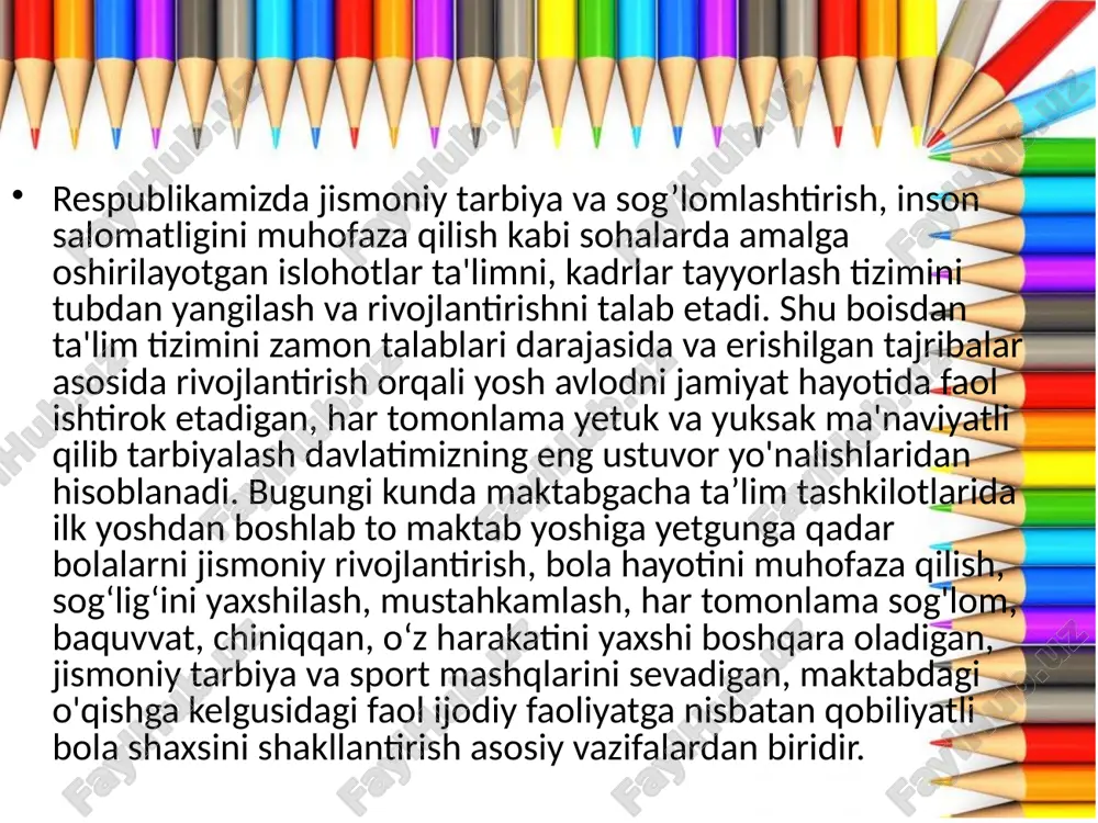 ishlashda yangi innovatsion ta’lim texnologiyalari va ilg'or xorijiy tajribalar foydalanish bo’yicha bilimlar beriladi. bunda bo’lajak tarbiyachilar mtt tarbiyalanuvchilariga “maktabgacha yoshdagi bolalar rivojlanishiga qo’yilgan davlat talablari”, ilk qadam” davlat dasturi, “bola huquqlari to’g’risidagi konvensiya”va “shaxsga yo’naltirilgan ta’lim” bo'yicha yangi innovatsion ta’lim texnologiyalari va metodlari asosida bilim berishni o’rganadilar. maktabgacha ta’lim yoshidagi bolalar salomatlikni muhofaza qiluvchi muhitni shakllantirishning konseptual asoslari sog'likning yaxlit kompleks, lekin ko'p qirrali tabiiy holat ekanligi, salomatlikning genetik asoslari aniq bir ijtimoiy-iqtisodiy muhitda rivojlanishi, salomatlik inson tomonidan ma’lum bir ijtimoiy vazifalarni bajarishi uchun zarur bo'lgan tabiiy asos ekanligi bilan bog’liq. maktabgacha yosh - bu bolaning umumiy rivojlanishining asosi, barcha yuksak insoniy tamoyillarning boshlang'ich davri. farzandlarimizda insonni asrab-avaylash, ularni istalmagan ta’sirlarga chidamliligini oshiradigan axloqiy asoslarni shakllantirish, ularga odamlar o‘rtasida muloqot qilish va yashash qoidalarini o‘rgatish insonning ma’naviy-axloqiy fazilatlarini tarbiyalashning asosiy g‘oyasidir. inson salomatligi uning tabiiy-ijtimoiy kuchi sifatida, individual-yosh xususiyatlariga ko'ra somatik (fiziologik), psixologik, siyosiy-ijtimoiy, axloqiy va ta’lim-tarbiya tarkibiy qismlarini o'zida …