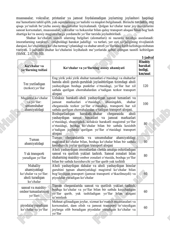 hi tomondan juda katta kapital mablag‘larni talab qiladi hamda shaharsozlikda qimmatli bo‘lgan yer maydonlaridan unumli foydalanish koeffitsientini kamaytirib yuboradi. bundan tashqari, shaharsozlik tajribasidan ma’lumki, shahar aholisi bilan kyt zichligi o‘rtasida ham bog‘liqlik mavjud. ya’ni kichik shaharlarda, aholisi 100-250 ming kishi bo‘lgan shaharlarda kyt zichligi δ=1.6-2.2 km/km2 atrofida bo‘lsa, aholisi 2 mln.dan ortiq shaharlarda bu ko‘rsatkich δ=2.4-3.2 km/km2 ni tashkil etadi. bundan kelib chiqadiki, shahar aholisiga nisbatan kyt zichligi shahardagi har bir aholi soniga nisbatan proporsional ravishda oshib boradi. yuqorida tahlil etilgan masalalardan quyidagilarni xulosa qilamiz:  urganch shahri uchun kyt zichlik ko‘rsatkichi jahonning boshqa yirik shaharlariga nisbatan juda ko‘p bo‘lib, u o‘rtacha ko‘rsatkichdan ham ancha ko‘p, ya’ni, [δo‘r] = 1.6-2.2 km/km2 < 8.2 km/ km2 (aholisi 100-250 ming kishi bo‘lgan shaharlar uchun); ko‘pgina qadimiy shaharlar-qal’alar uchun radial-halqasimon rejalashtirish tizimi xosdir. bunday rejalashtirishga eski farg‘ona shahri misol bo‘la oladi. xvii...xviii asrlarda asos solingan shaharlar, odatda, to‘g‘ri to‘rtburchakli rejalashtirishga ega. radial-xalqaviy sxema …