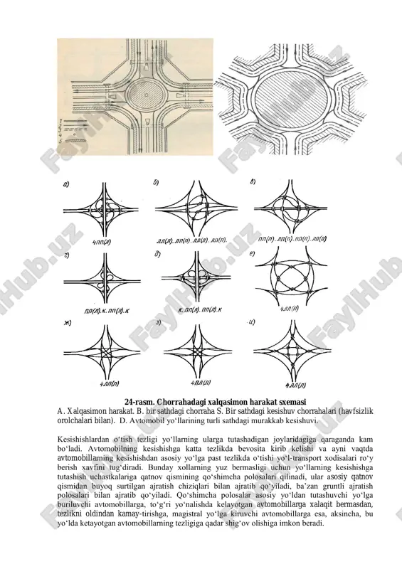 i va iii toifali yo‘llarning kesishuvlarida va tutashish joylarida tezlikni oshirish polosalari bo‘lishi majburiydir. tezlikni oshirish polosalarining uzunligi l (metrlarda) avtomobillarning asosiy yo‘ldagi tezligi 1ning burilish paytida 220 km/soat gacha pasayishi shartidan belgilanadi: a l 26 2 2 2 1    bunda kuzatishlar asosida avtomobilning tezlanishi a shig‘ov olishda 0,9-1,2 m/s2, sekinlashishda 1,75-2,5 m/s2 ga teng olinadi. amalda yo‘l toifasi va kesishish joyidagi bo‘ylama nishabiga qarab tezlikni oshirish polosalari ishchi qismining uzunligi 30 dan 230 m gacha masofani tashkil etadi. tezlikni oshirish poloslarining birinchi turi yuqori toifali yo‘llarda quriladi, chunki ular tezlikni o‘zgartirishga eng yaxshi imkoniyat yaratadi. bu xolda shig‘ov olish polosasi ikki qismdan iborat bo‘ladi: tezlikni o‘zgartirish va xarakat oqimiga tutashish uchastkalari (avtomobil bu joyda transport oqimining tezligigacha shig‘ov oladi va avtomobillar o‘rtasidagi intervalni kutgan xolda xarakatlanadi, bu intervaldan oqimga qo‘shilish uchun foydalanish mumkin); tezlikni oshirish polosasining asosiy qatnov qismi bilan tutashishi uchun eni asta-sekin kamayib boradigan …