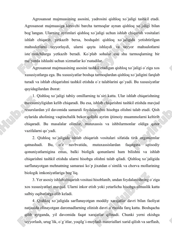 katta maydonlarda olib boriladi. bu, o`z navbatida, ishlab chiqarishni, aholi punktlarini joylashtirishda ma`lum talablarni keltirib chiqaradi, qishloq xo`jaligining moddiy – texnika bazasini shakllantirishda hisobga olishni talab qiladi. 6. qishloq xo`jaligi ishlab chiqarilgan mahsulotlarining bir qismni o`zi urug`lik, yem – xashak, oziq – ovqat sifatida imte`mol qiladi. 7. qishloq xo`jaligi maxulotlarining ko`p turlarini uzoq saqlash mumkin emas. bu muammo qishloq xo`jaligi mahsulotlarning deyarli bir davrda pishib yetilishi oqibatida yanada chuqurlashadi. bu, o`z navbatida, yetishtirilgan mahsulotni tayrlovchi, qayta ishlovchi tashkilotlarning bir me`yorda tinmasdan ishlashini, bk esa ayrim davrlarda juda katta quvvatlarning bo`lishini talab qiladi. yilning qolgan darvlarida esa bu quvvatlarning nisbatan bo`sh qolishi kuzatiladi. bu xolat qayta ishlash tarmoqlarining katta omborxonalari bo`lishini talab etadi. bunday holat, o`z navbatida, mahsulotning tannarxiga salbiy ta`sir ko`rsatadi. bu kabi o`zga xosliklarni, albatta, chuqur o`rganish va doimo hisobga olgan holda ishlab chiqarishni tashkil etish qishloq xo`jaligining samarali ishlashini ta`minlaydi. shubhasiz, fan, texnika taraqqiyoti o`sgan borgan sari qishloq …