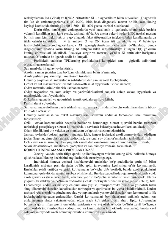 lar bermagan. bu konuniyat inkubatsion davrining uzoqligi va bemorlar davolash muassasalarida bo‘lgan vaktida ko‘p mikroblar ajratishi, boshka tomondan infeksiyaning suv va ovkat orkali yuqmasligiga asoslangan ko‘pincha kasallanish, qo‘zg‘atuvchi og‘iz orkali o‘tganda kichik sporadik xolatlar ko‘rinishida yuz beradi, bunda kuchsiz ifodalangan surunkali epidemiyalar xakida so‘z boradi. sporadik kasallanish bilan bir katorda, yukish omili sifatida turli o‘tkir avj olishlarni xam chakirishi mumkin. kasallanishni suv orkali avj olishi ko‘pincha avariya xolatlari natijasida yuz beradi. kasallanishning ozik-ovkat maxsulotlari orkali avj olishi, ko‘pincha sut orkali yuz beradi. mulokot – maishiy avj olishlar ko‘pincha oila muxitida shaxsiy gigiena qoidalariga rioya qilmaganda va sanitar maishiy qurilmalar nosozligida yuz beradi. kasallanish axolining faol qismida, yani kattalar orasida ko‘p uchraydi. erkaklar ko‘prok zararlanadi, bunda ijtimoiy omillar ta’sir kiladi: texnik vodoprovodlar bor korxonalarda, suv xavzalarida ishlaganda va b. tif va paratiflar bilan kasallanish mavsumiyligi, agar fakat sporadik xolatlar xisobga olinganda etarli darajada xarakterli va qonuniyatli kasallanishning maksimal darajasi yozgi kuzgi …
