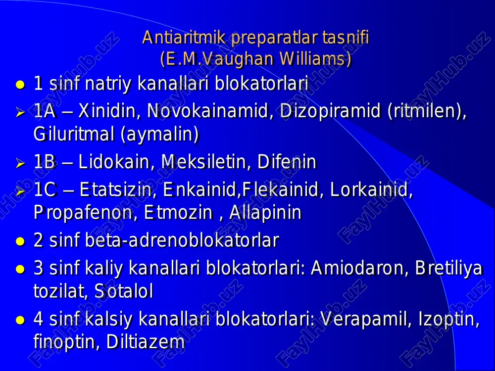 di. lidokain diastolik depolyarizatsiyani sekinlashtiradi (4-faza). lidokain repolyarizatsiyani t e z l a sh t i r a d i (faza 3).  lidokain, purkine tolalarida: - qo‘zg‘aluvchanlik va o‘tkazuvchanlikni susaytiradi (xinidindan kuchsiz); - avtomatizmni susaytiradi; - xarakat potensiali va effektiv refrakter davr davomiyligini qisqartiradi. lidokainning sinoatrial va atrioventrikulyar tugunlarga ta’siri  sinoatrial tugunga lidokain ta’sir ko‘rsatmaydi. atrioventrikulya tugunga kuchsiz tormozlovchi ta’sir etadi.  qorinchalar taxiaritmiyasi va ekstrasistoliyasida, xususan, miokard infarktida lidokain eritmasi vena ichiga yuboriladi .  atrioventrikulyar o‘tkazuvchanlikni qisman tormozlagani tufayli ii-iii darajali atrioventrikulyar blokadada qarshi ko‘rsatma xisoblanadi. – meksiletin lidokaindan farqli ravishda nafaqat vena ichiga balki ichishga xam tavsiya etiladi. – difenin yurak glikozidlaridan zaxarlanishda kelib chiquvchi aritmiyalarda yuqori effektiv 1-s sinf purkine tolalariga ta’siri  is guruh preparatlari purkine tolalarida tez depolyarizatsiya bosqichi (0-faza) tezligini yaqqol kamaytiradi va 4-fazani sekinlashtiradi, ammo 3-fazaga ta’sir etmaydi  shuning uchun bu preparatlar purkine tolalarida qo‘zg‘aluvchanlik va o‘tkazuvchanlikni yaqqol pasaytiradi …