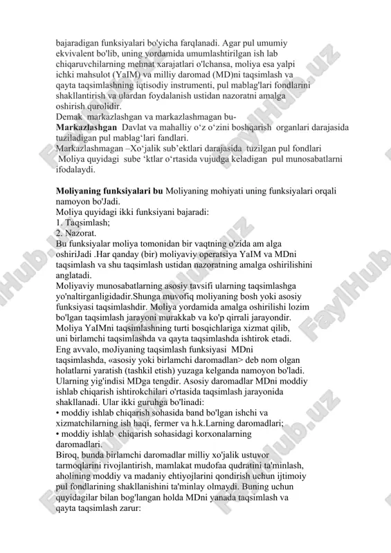 da tuzilgan pul fondlari moliya quyidagi sube ‘ktlar o‘rtasida vujudga keladigan pul munosabatlarni ifodalaydi. moliyaning funksiyalari bu moliyaning mohiyati uning funksiyalari orqali namoyon bo'jadi. moliya quyidagi ikki funksiyani bajaradi: 1. taqsimlash; 2. nazorat. bu funksiyalar moliya tomonidan bir vaqtning o'zida am alga oshirijadi .har qanday (bir) moliyaviy operatsiya yaim va mdni taqsimlash va shu taqsimlash ustidan nazoratning amalga oshirilishini anglatadi. moliyaviy munosabatlarning asosiy tavsifi ularning taqsimlashga yo'naltirganligidadir.shunga muvofiq moliyaning bosh yoki asosiy funksiyasi taqsimlashdir. moliya yordamida amalga oshirilishi lozim bo'lgan taqsimlash jarayoni murakkab va ko'p qirrali jarayondir. moliya yaimni taqsimlashning turti bosqichlariga xizmat qilib, uni birlamchi taqsimlashda va qayta taqsimlashda ishtirok etadi. eng avvalo, mojiyaning taqsimlash funksiyasi mdni taqsimlashda, «asosiy yoki birlamchi daromadlan> deb nom olgan holatlarni yaratish (tashkil etish) yuzaga kelganda namoyon bo'ladi. ularning yig'indisi mdga tengdir. asosiy daromadlar mdni moddiy ishlab chiqarish ishtirokchilari o'rtasida taqsimlash jarayonida shakllanadi. ular ikki guruhga bo'linadi: • moddiy ishlab chiqarish sohasida band bo'lgan …