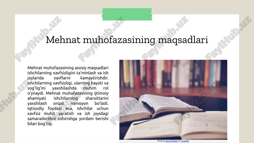 logiyalari ish jarayonlarini tezlashtirib, inson omilidan kelib chiqadigan xatoliklarni kamaytirishga yordam beradi. bunday texnologiyalar, xavfsizlikni ta'minlash va xodimlarning ish sharoitlarini yaxshilash uchun yangi imkoniyatlar yaratadi. yangi metodlar, masalan, ish joylarida xavfsizlikni nazorat qilish tizimlari, mehnat muhofazasi sohasida innovatsiyalar joriy etishni talab qiladi. innovatsiyalar orqali xavflarni kamaytirish, ish joylarida xavfsizlikni oshirish va mehnat muhofazasida raqobatbardoshlikni kuchaytirish imkonini beradi. bunday yondashuvlar nafaqat xodimlar uchun xavfsiz ish sharoitlarini yaratadi, balki tashkilotlarning samaradorligini oshiradi. mehnat muhofazasidagi asosiy vazifalar mehnat muhofazasining asosiy vazifalari ish joylarida xavfsizlik va sog'liqni saqlashni ta'minlashga qaratilgan. ularning asosiy maqsadi quyidagi uchta muhim sohani o'z ichiga oladi: - **xavfsiz ish muhitini yaratish:** ish joyidagi xavf-xatarlarni kamaytirish va bunday muhitni yaratish uchun zarur choralarni ko'rish. - **mehnat sharoitlarini yaxshilash:** ishchilarning farovonligini oshirish va mehnat sharoitlarini yaxshilashga qaratilgan tadbirlar. - **ishchilarni himoya qilish:** ishchilarni himoya qilish, ularning huquqlarini ta'minlash va mehnat qonunlariga rioya qilishni nazorat qilish. photo by aaron burden on unsplash mehnat …