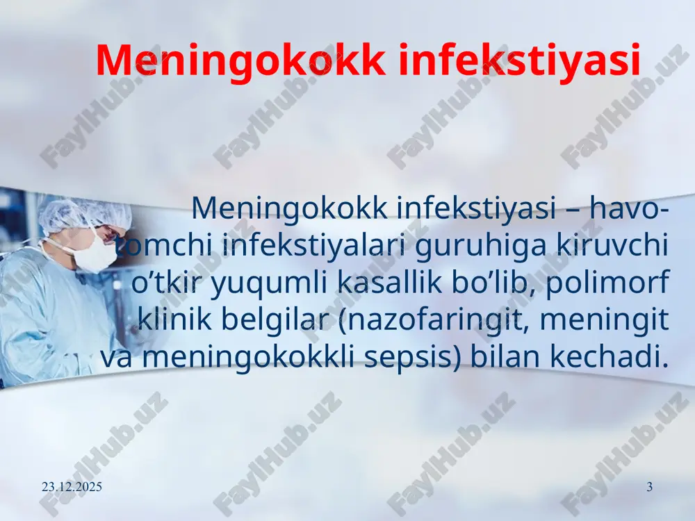 llarda bo’g’imlar zararlanishi – artritlar kuzatiladi. uveitlar, hamda boshqa a’zo va tizimlarning zararlanishi ham kuzatilishi mumkin. 01.06.2020 12 meningokokkemiyaning klinik ko’rinishlari 01.06.2020 13 klinika 01.06.2020 14 klinika 01.06.2020 15 meningokokkemiyaning yashinsimon kechadigan shakli - (o’ta utkir meningokokkli sepsis) kasallik o’tkir, to’satdan harorat ko’tarilishi 39-40•s bilan boshlanadi, kaltirash, et uvishishi, ko’pgina gemorragik toshishi bilan namoyonlanadi, katta qismiga qon quyilish kuzatiladi, ab tushadi, qon aylanish etishmovchiligi, dvs, mushaklar gipotoniyasi, talvasalanish rivojlanadi. bu shakl infekstion-toksik karaxtlik deb baholanadi. adekvat va o’z vaqtida davo choralari olib borilmasa, 12-24 soatdan keyin o’lim yuzaga kelishi mumkin. ko’pincha bu kasallikning birinchi soatlarida buyrak usti bezida total qon quyulishlaridan kelib chiqadi (uoterxauz-fridreksen sindrom). 01.06.2020 16 gemorragik toshmalar va o’ziga xos meningeal holat 01.06.2020 17 meningokokkli meningit kasallik qaltirash, tana haroratini 39-40˚c ko’tarilishi bilan boshlanadi. bemorlar kasallikning kuni va soatini aniq aytishi mumkin, kuchli bosh og’rishi, diffuz xarakterli qayt qilish, gipersteziyaga shikoyat qiladi, yosh bolalarda talvasalar kuzatiladi. kasallikning 2-3-kunlarida …